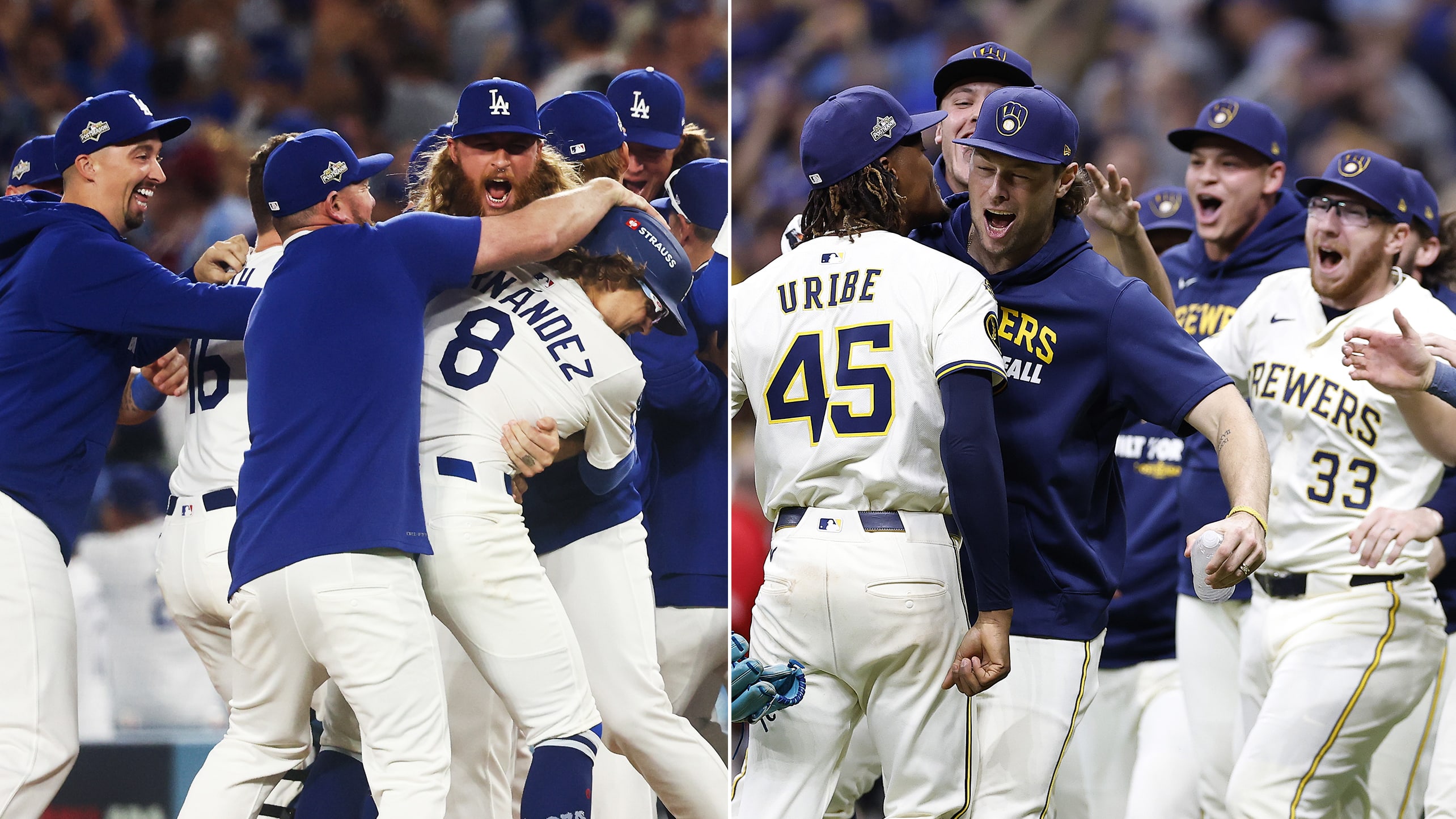 Images of the Dodgers and Brewers after clinching their Division Series
