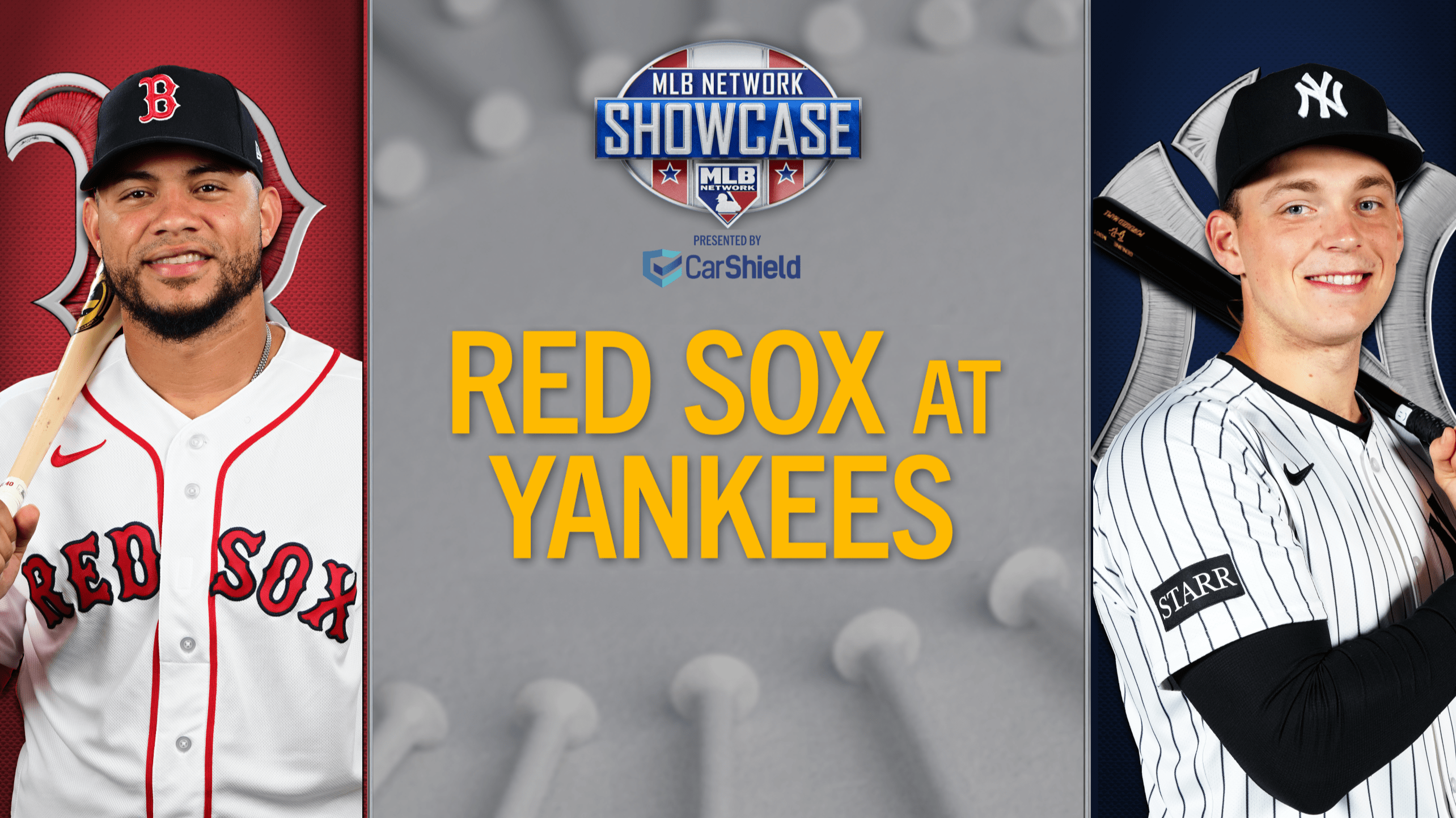 Willson Contreras and Ben Rice with the MLB Network Showcase logo and the text 'Red Sox at Yankees'