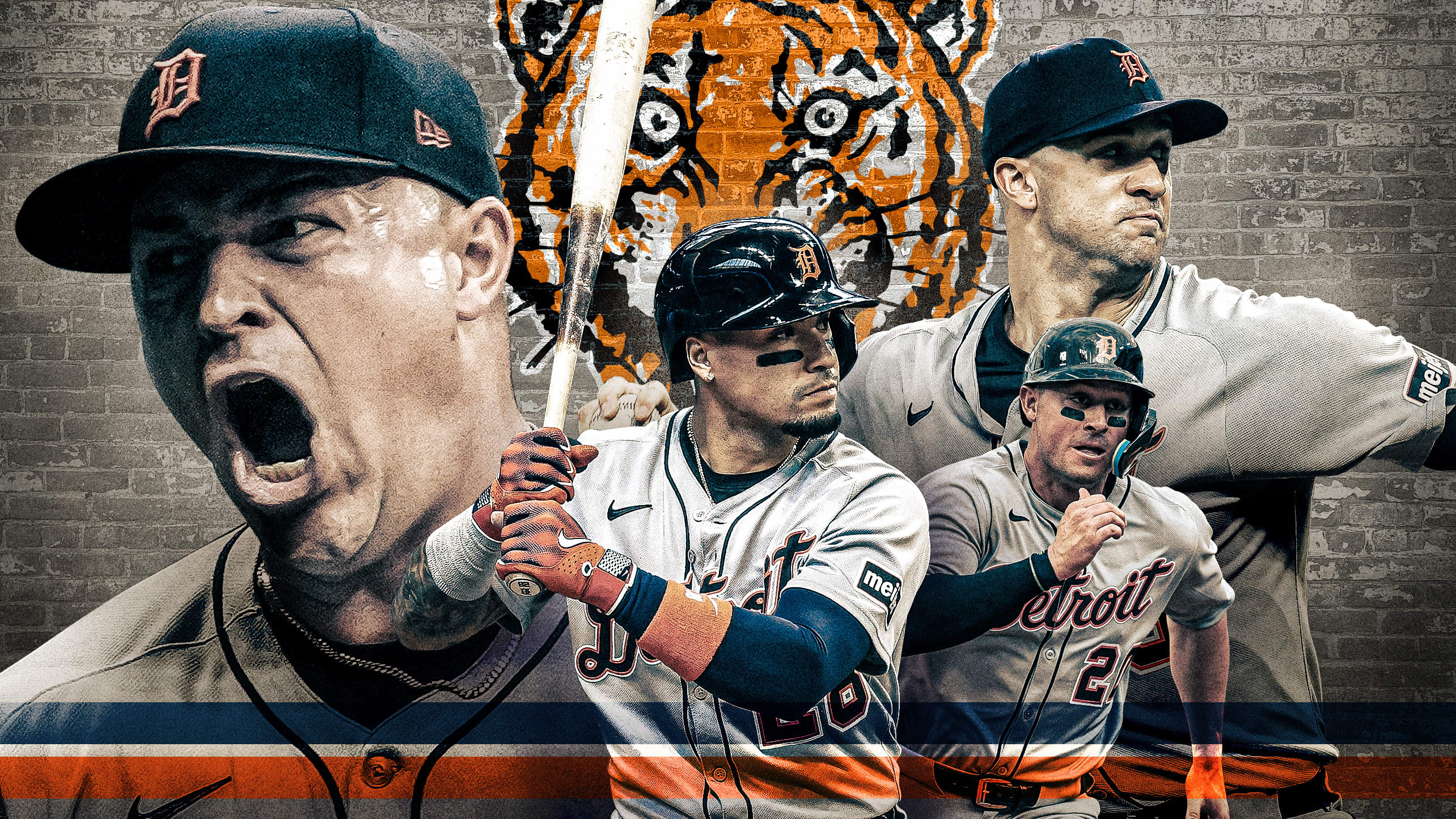 Images of 4 Tigers in action overlaid on a brick wall with a logo of a tiger