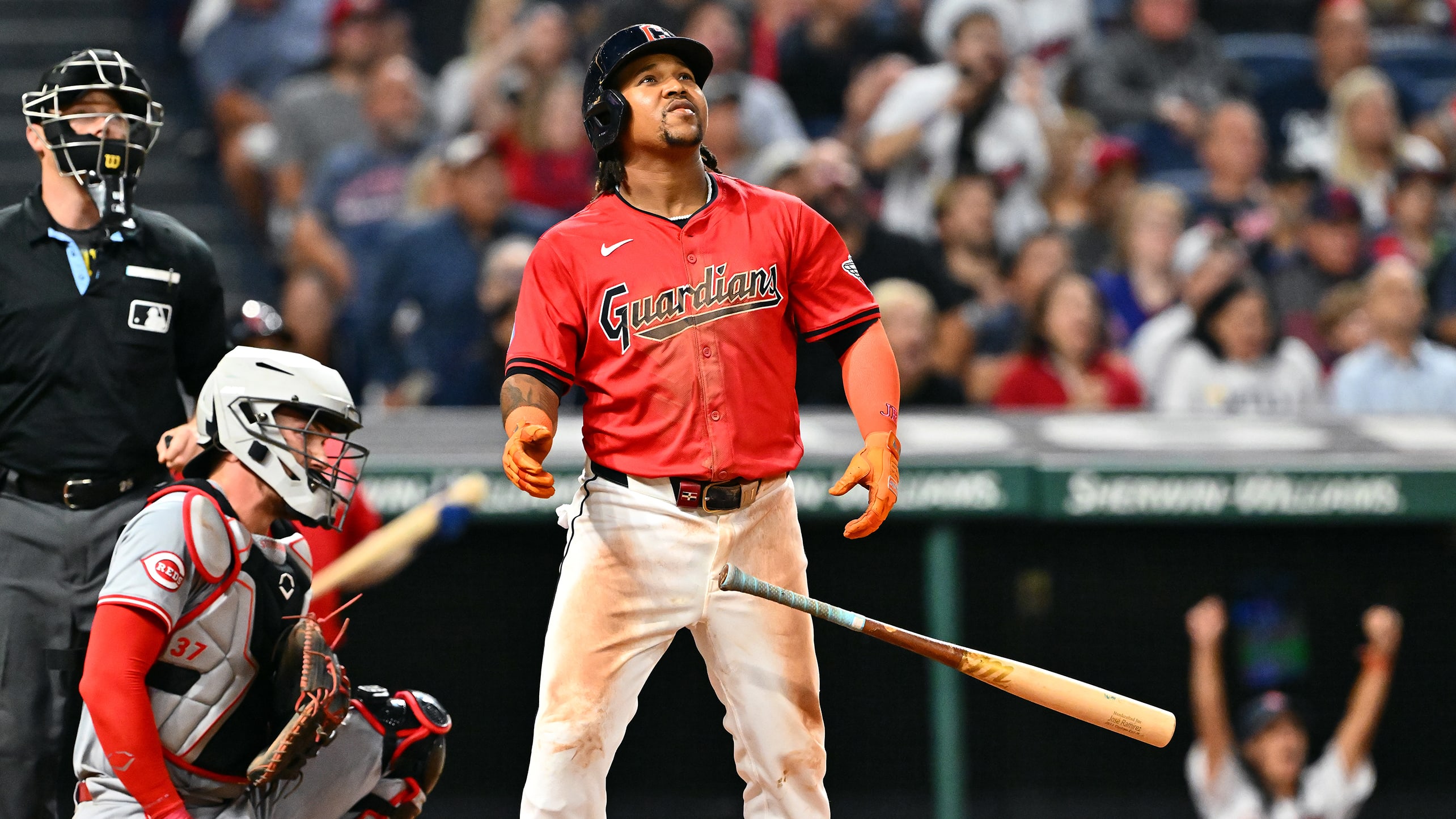 José Ramírez drops his bat as he watches the flight of his go-ahead home run