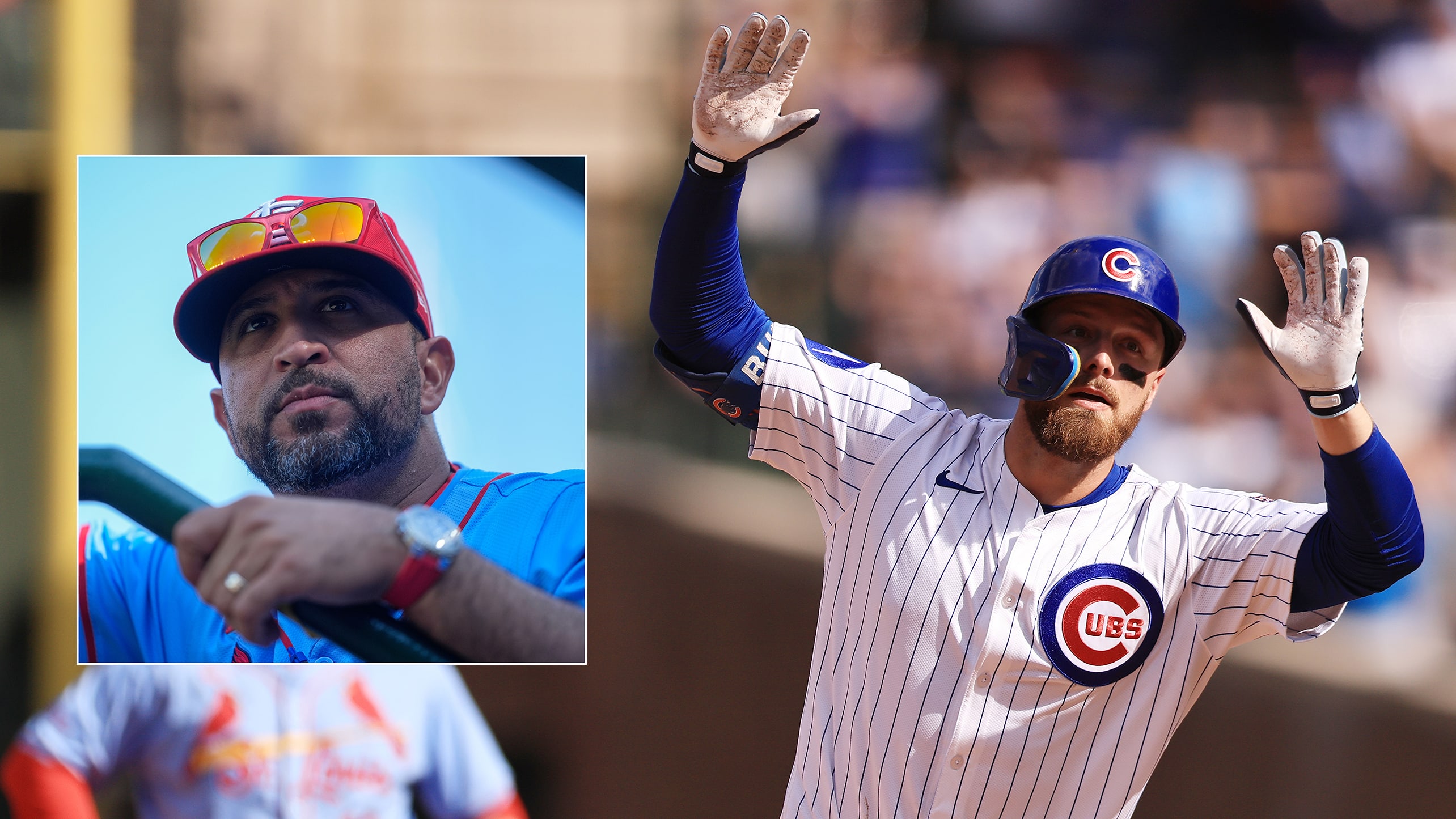 An image of Michael Busch rounding the bases with an inset of Oliver Marmol