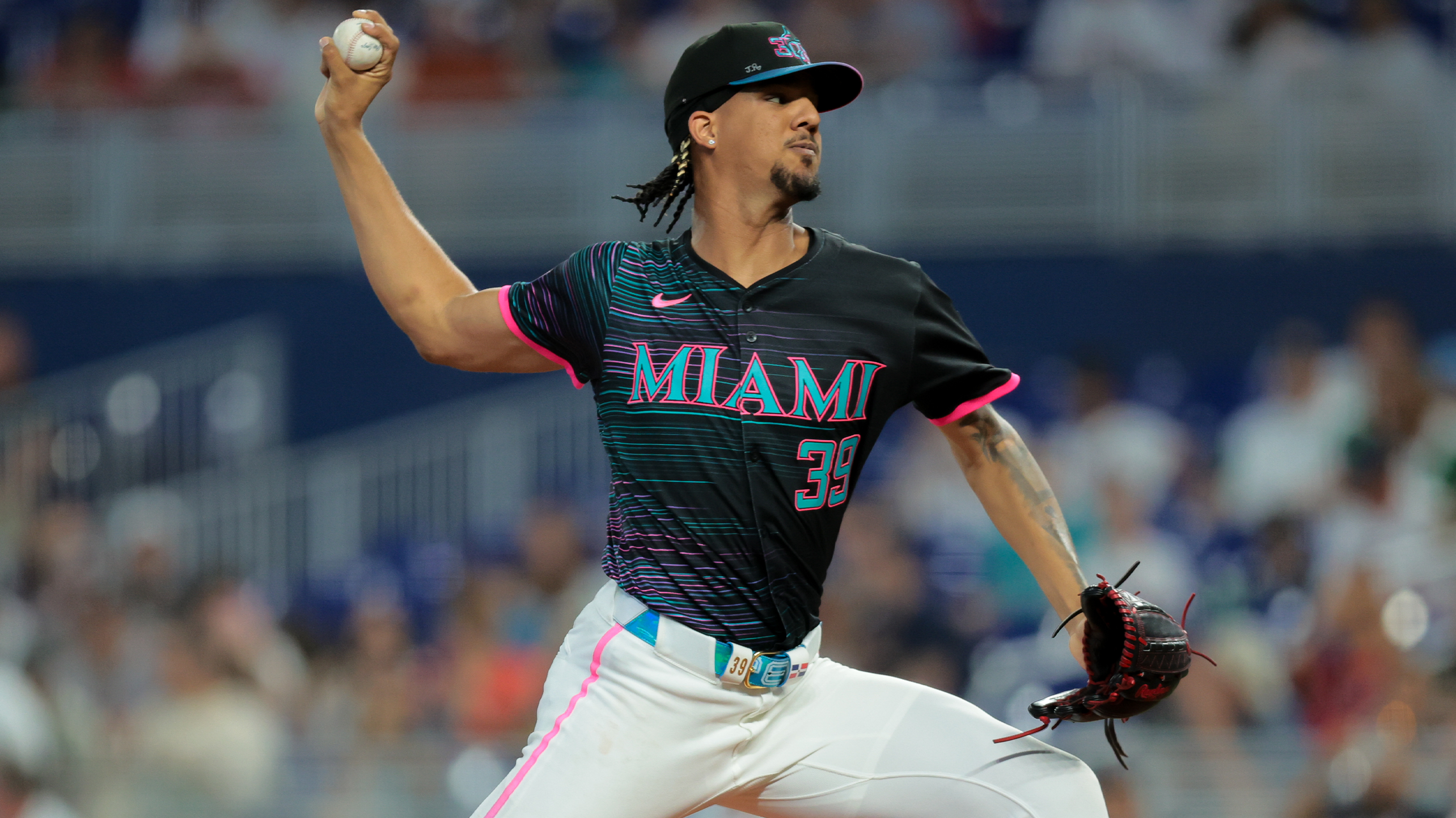 Eury Pérez delivers a pitch