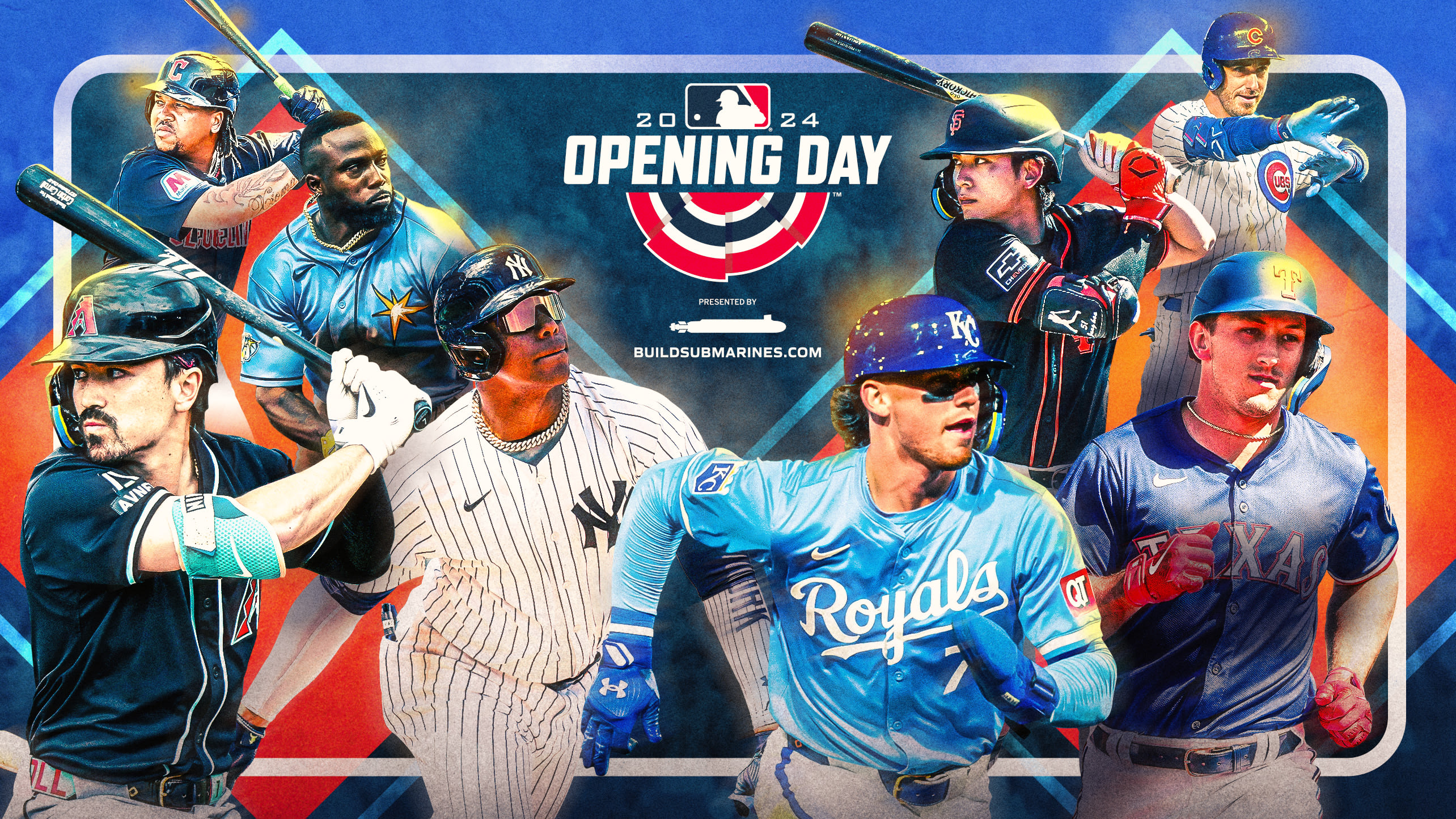 A collage of MLB players for 2024 Opening Day