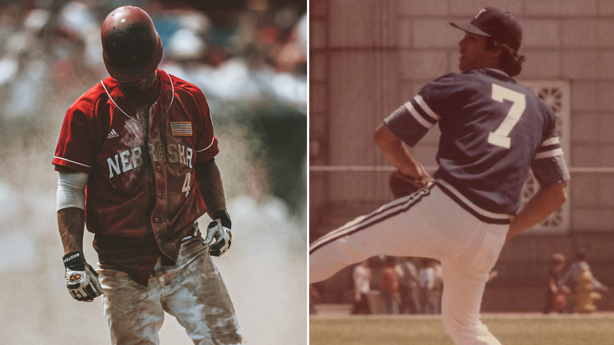 A split photo of Alex Gordon playing for Nebraska and Ron Darling pitching for Yale