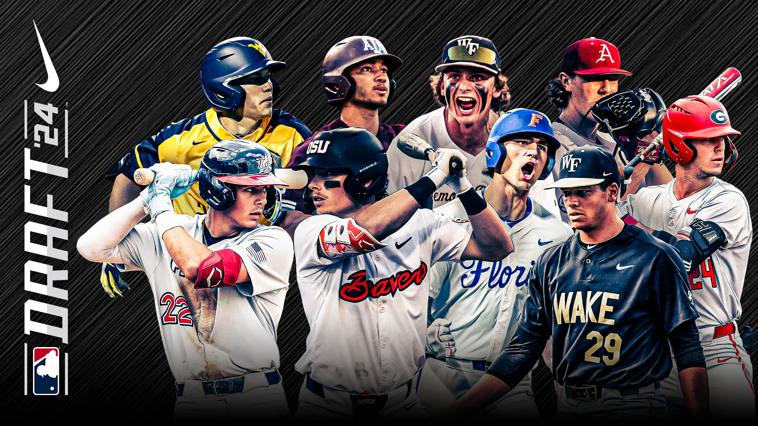 Images of nine Draft prospects with the MLB Draft logo