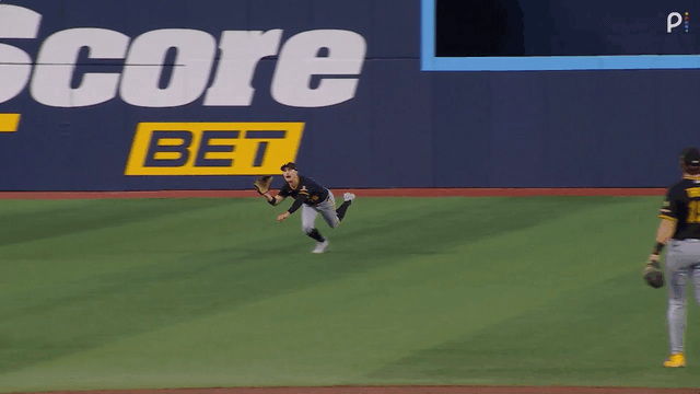 An animated gif of Jake Mangum making a diving catch