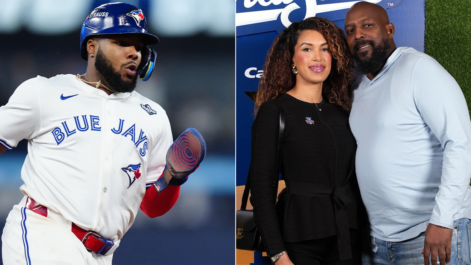Vladimir Guerrero Jr. in Game 1; Vladimir Guerrero and companion at the game