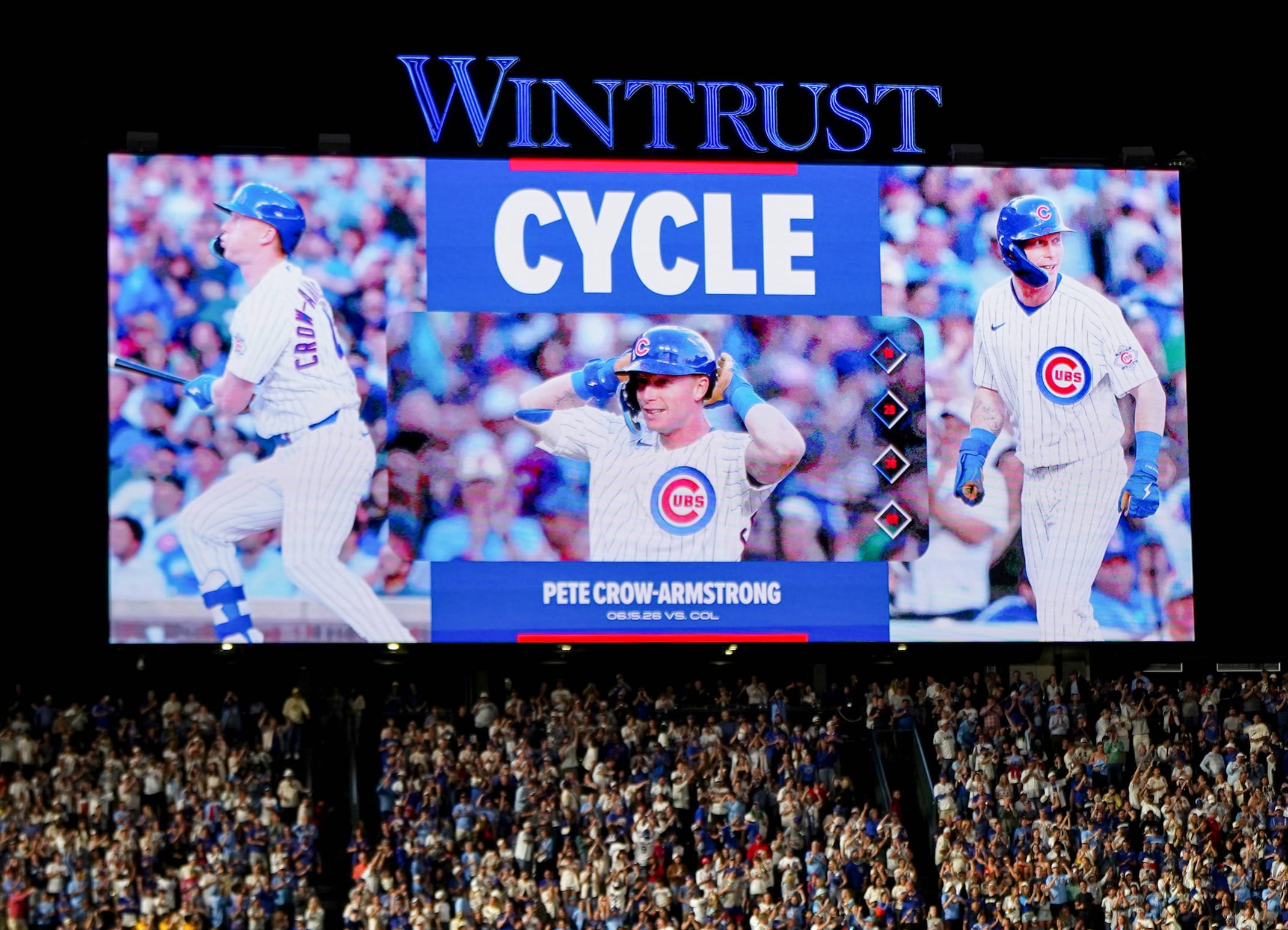 The Wrigley Field scoreboard commemorates Pete Crow-Armstrong's cycle Monday night