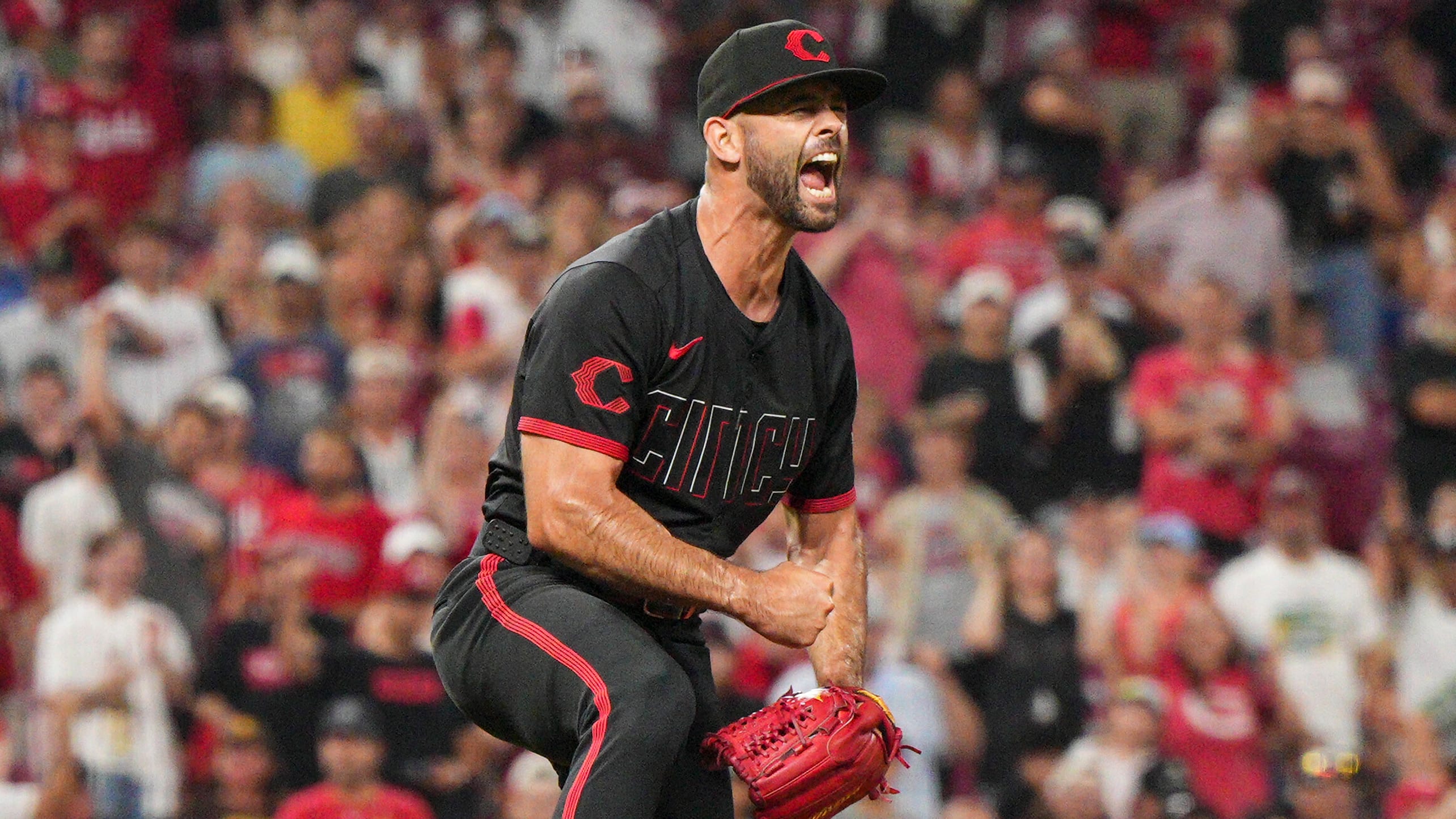 Nick Martinez reacts after completing eight no-hit innings with a strikeout