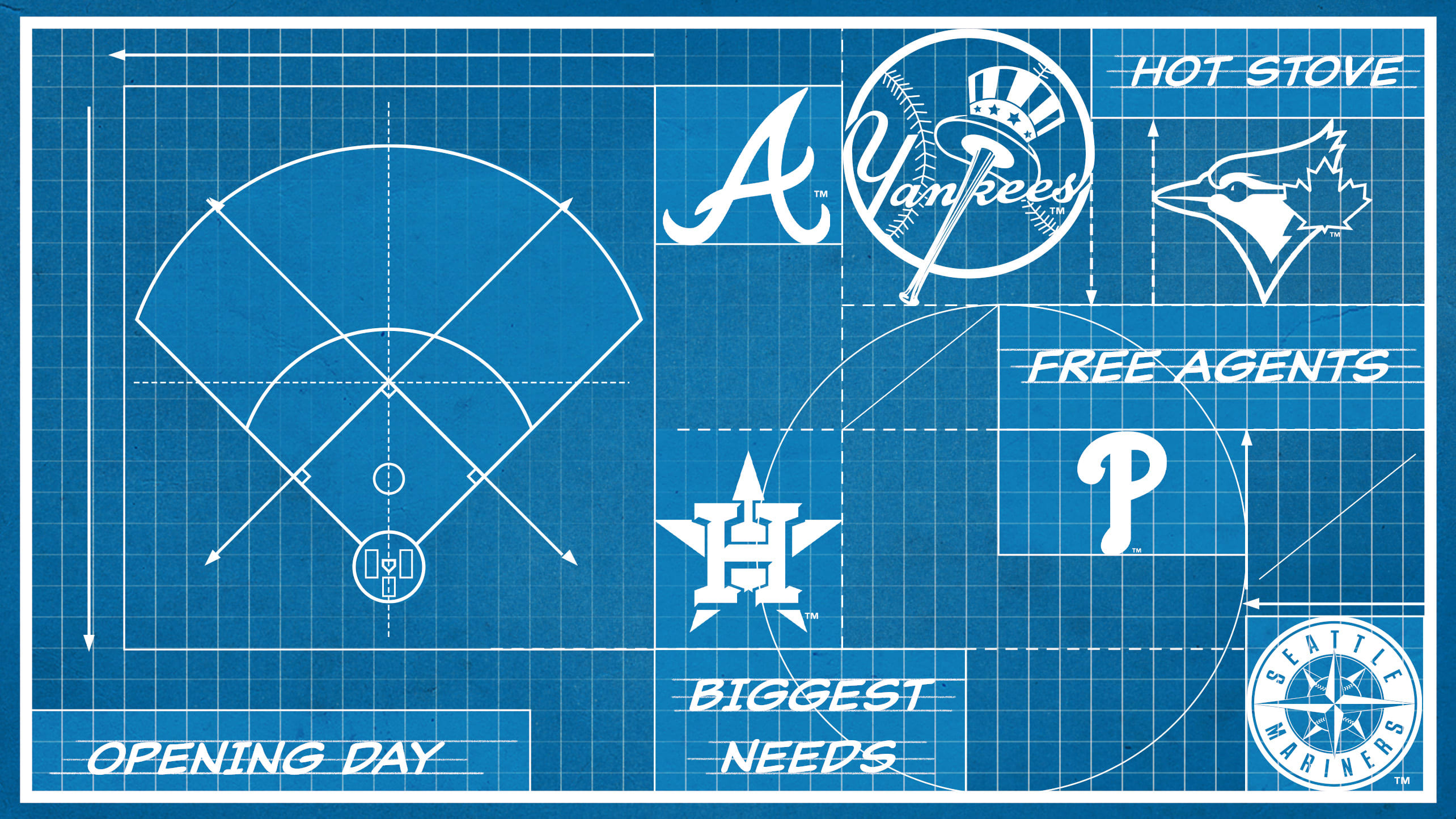 A blueprint featuring team logos and various phrases