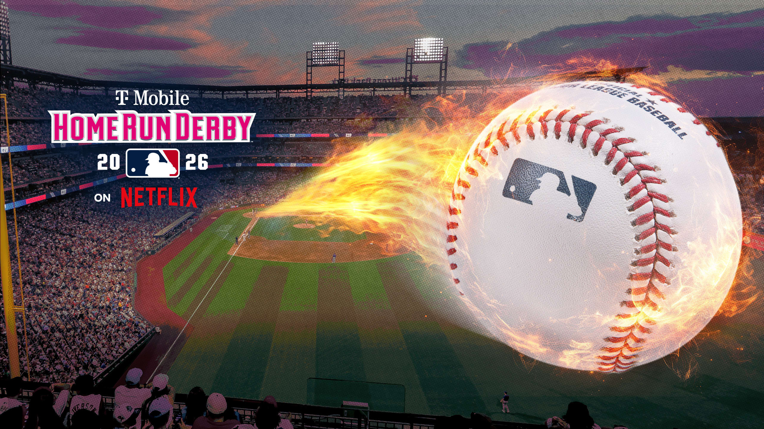A designed image of a flaming baseball being hit over an outfield fence