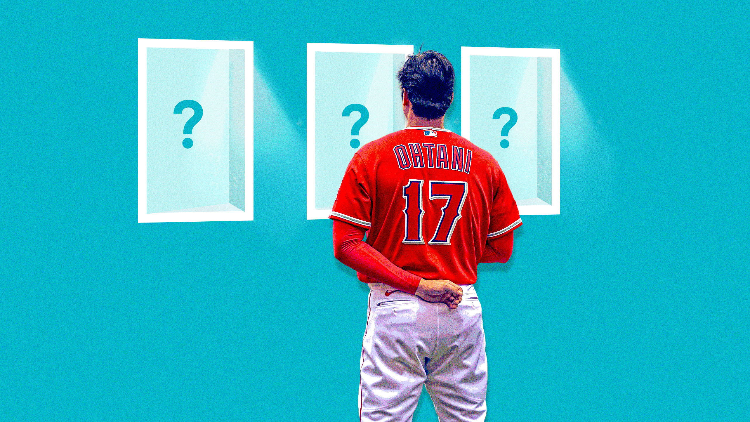 An image of Shohei Ohtani and three mysterious doors