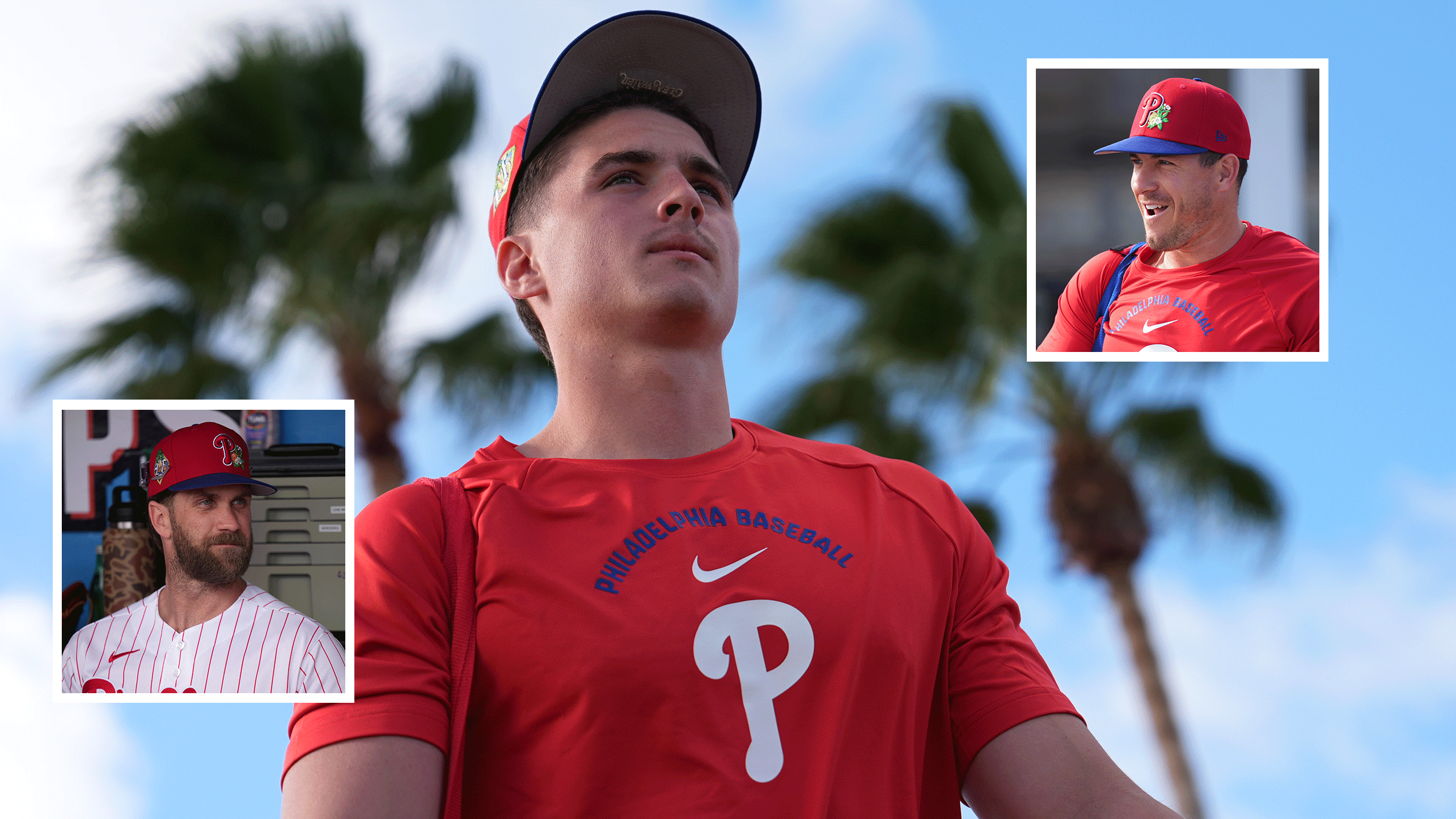 From left: Bryce Harper, Aidan Miller and J.T. Realmuto