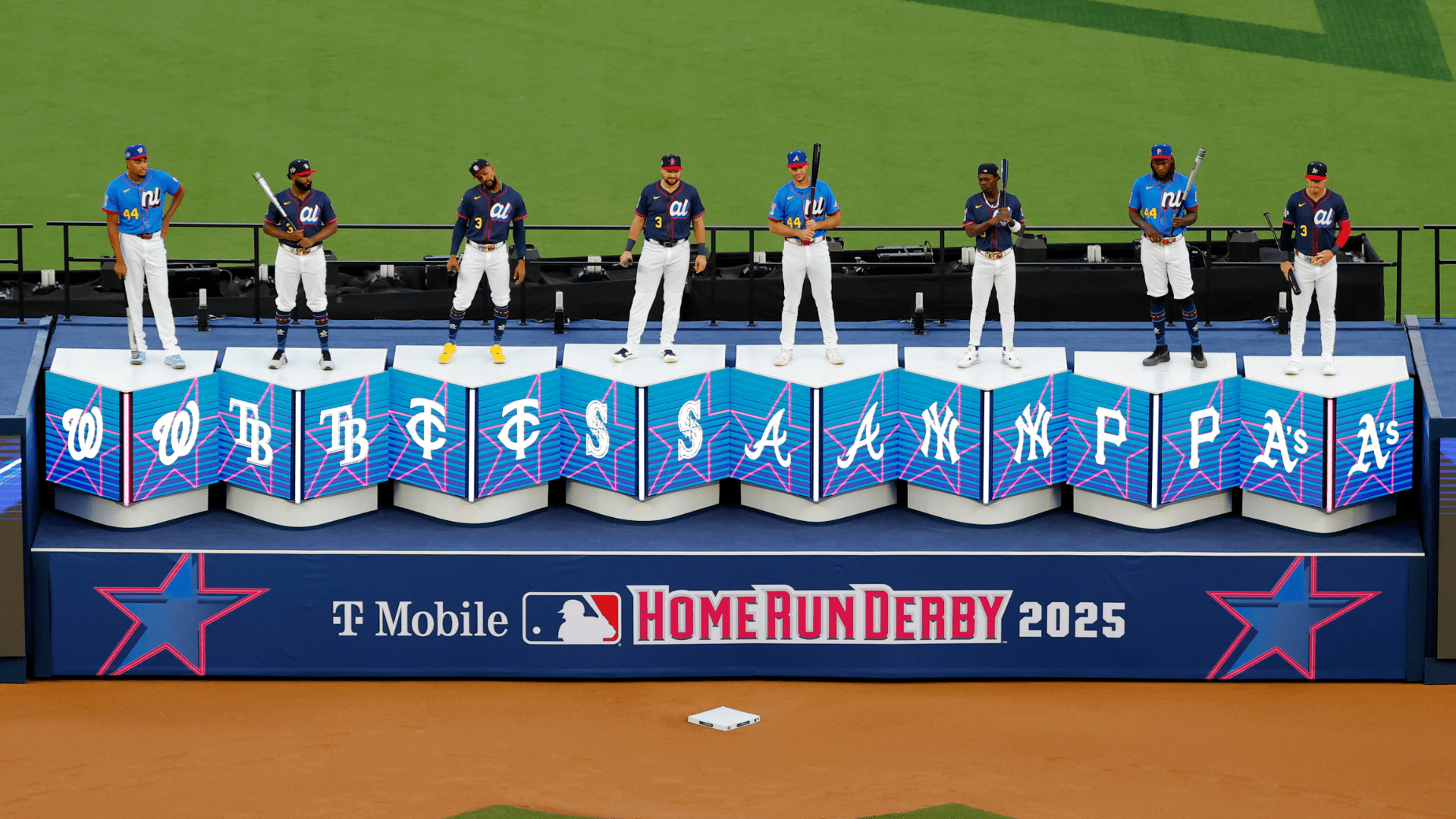 All eight contestants stand on a stage during pre-Derby introductions