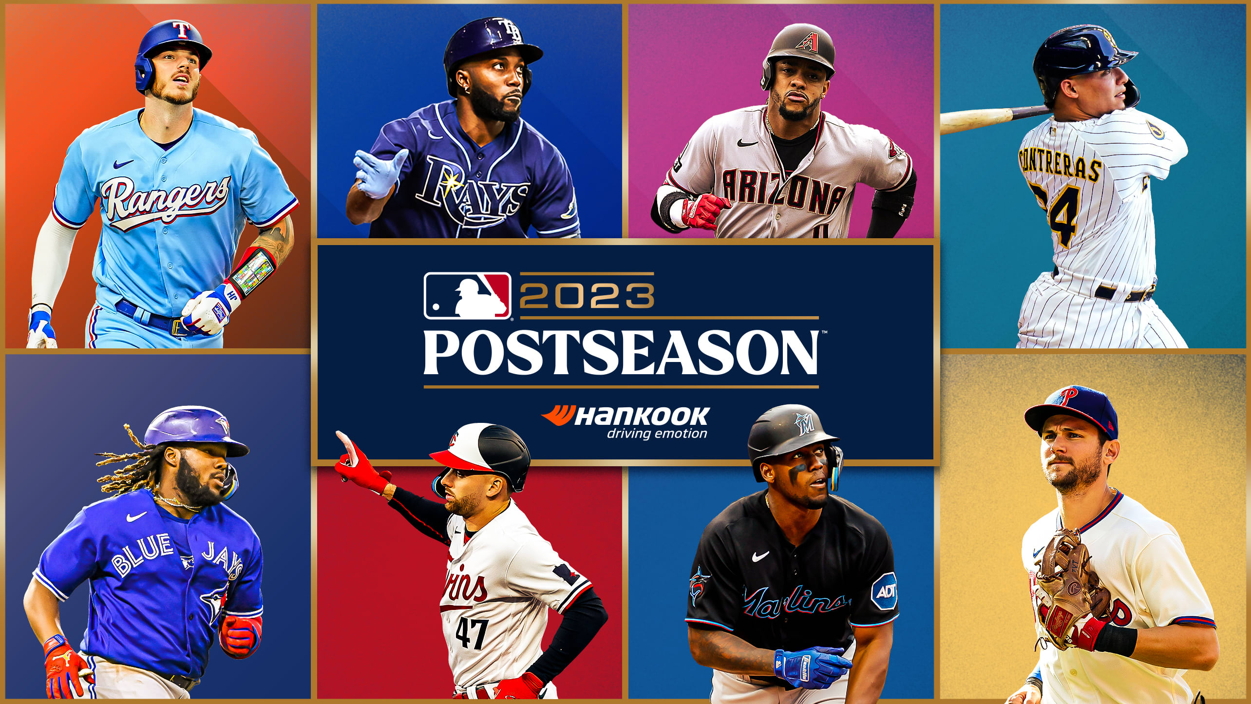 8 players in various poses are each in an individual box surrounding the 2023 postseason logo