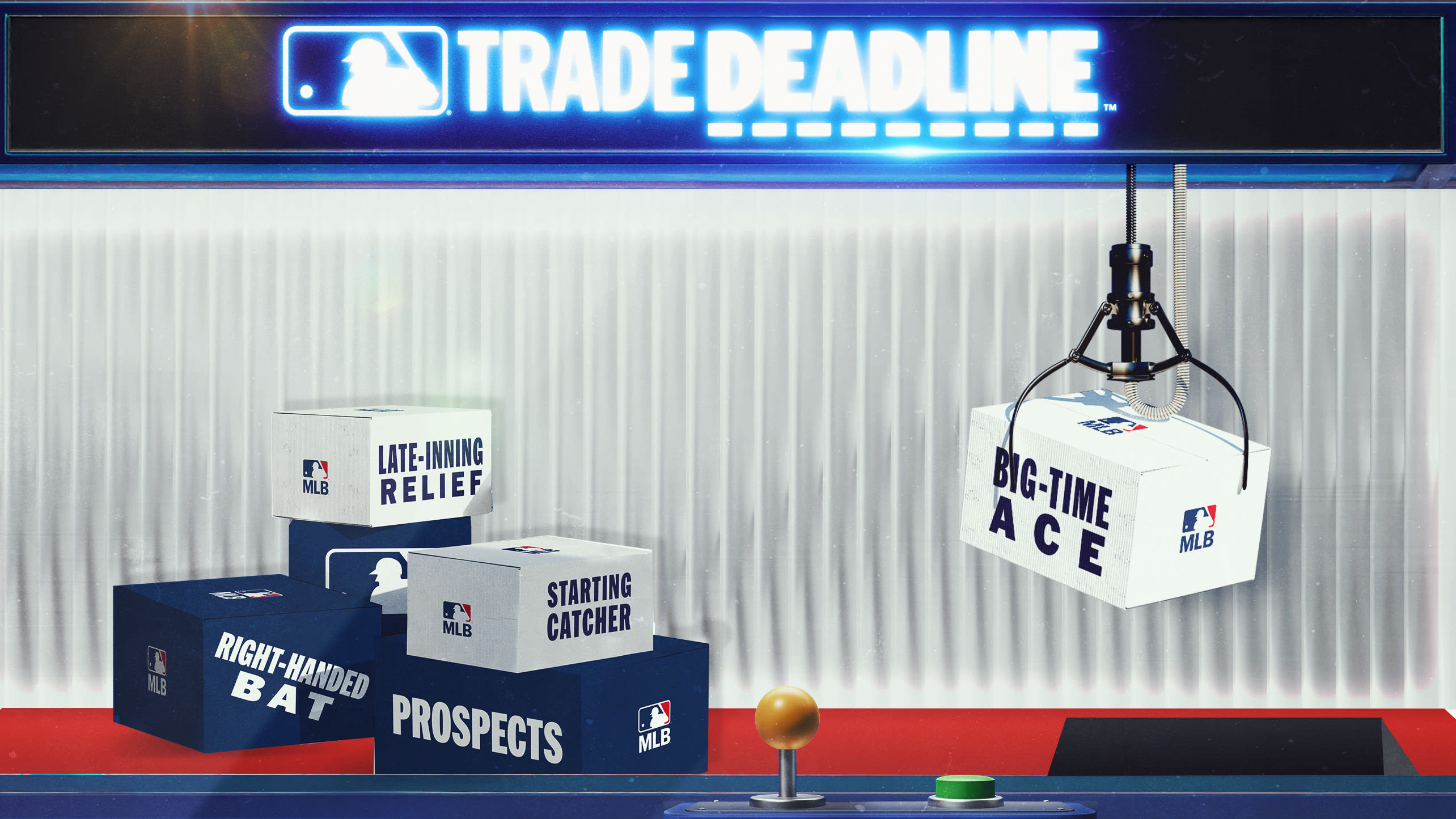 An illustration of a claw game picking up boxes with text of Trade Deadline needs printed on them