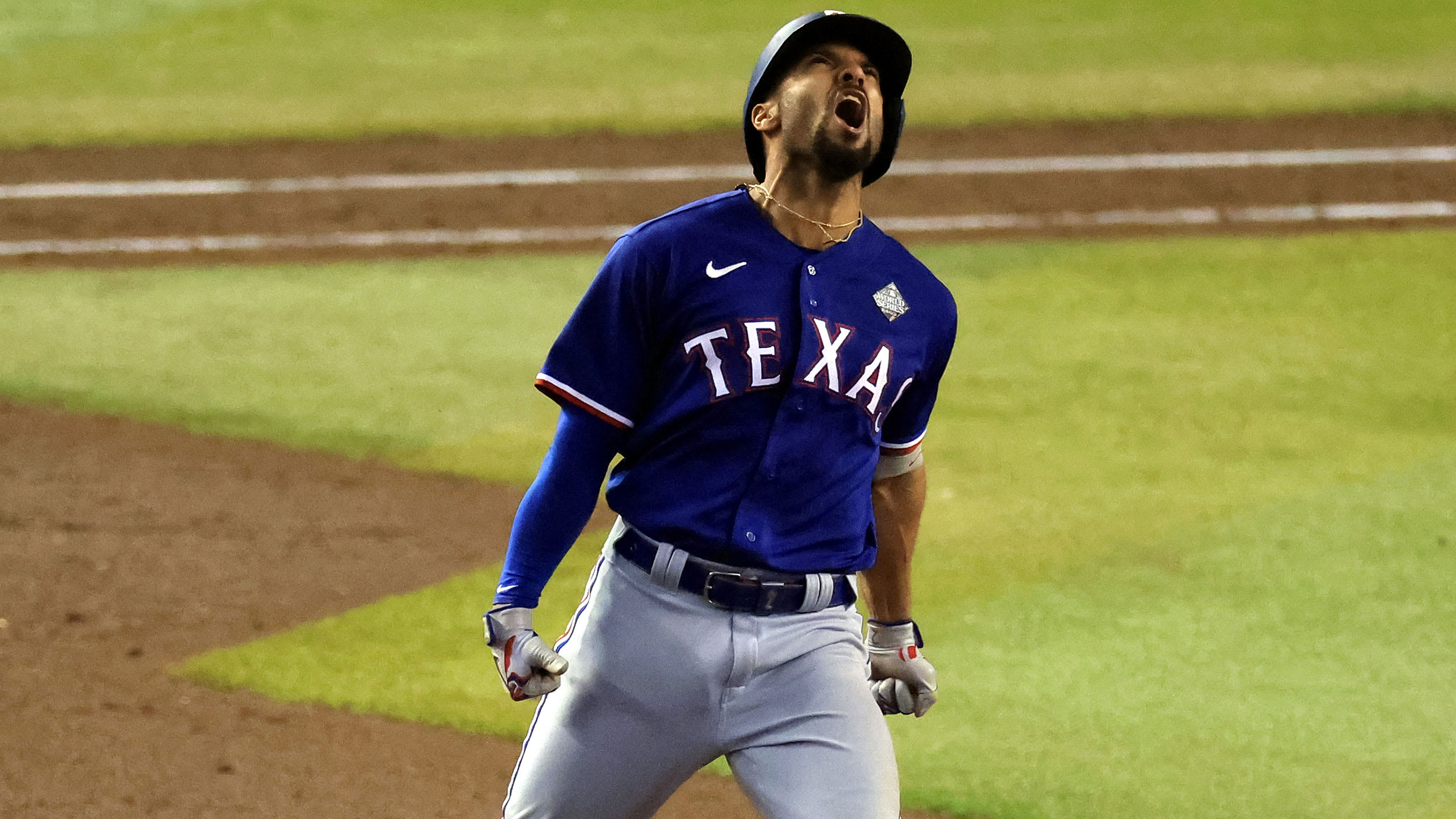 Marcus Semien screams as he rounds the bases on his home run