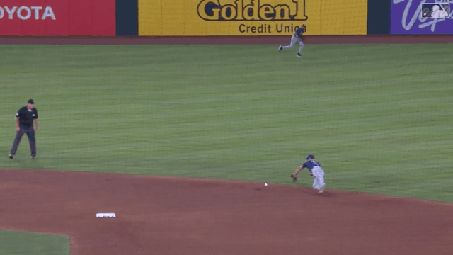 An animated gif of Brandon Lowe making a diving stop up the middle and throwing to first base for the out