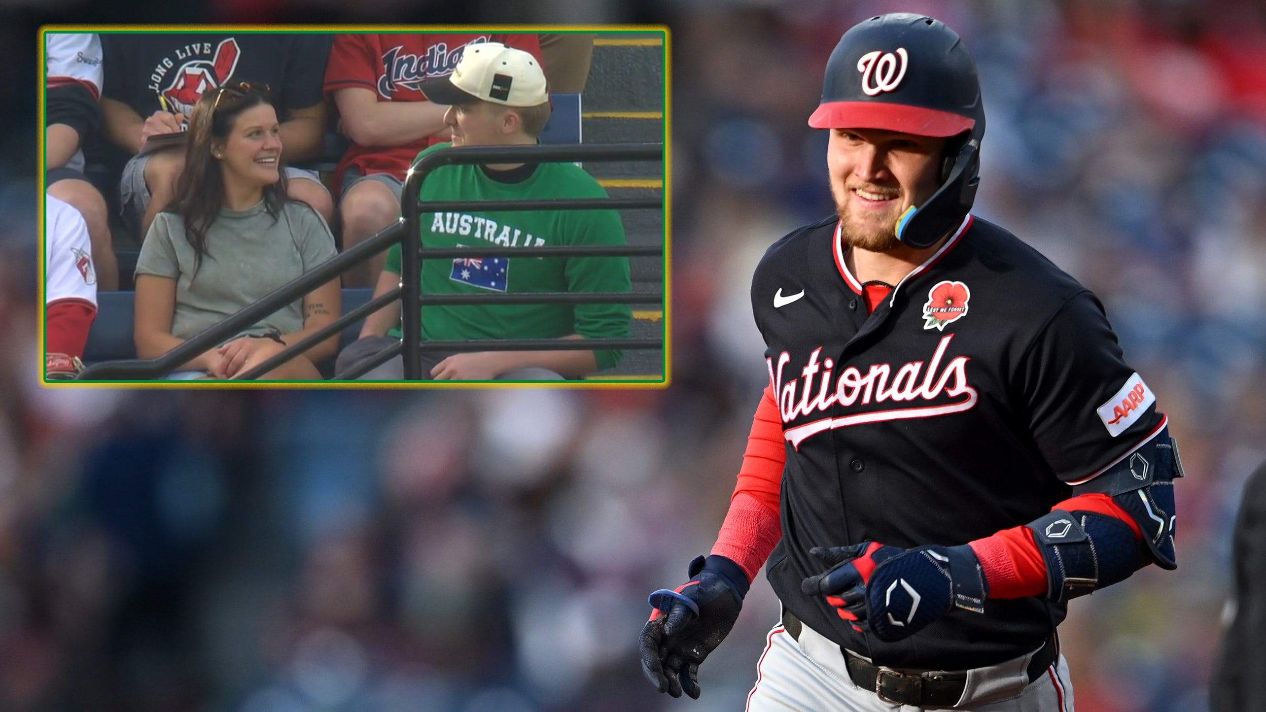 Curtis Mead rounds the bases after a homer; inset shows a fan in an Australia shirt