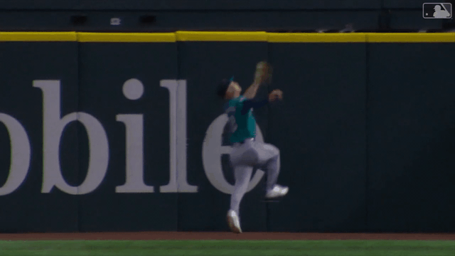 An animated gif of Rob Refsnyder leaping to rob a home run