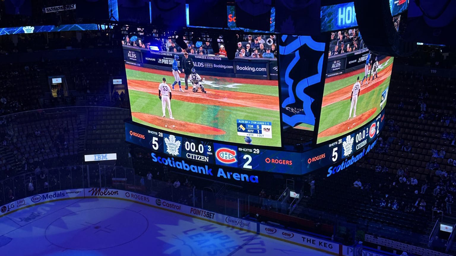 The ALDS is shown on the scoreboard over the ice at the Maple Leafs' arena