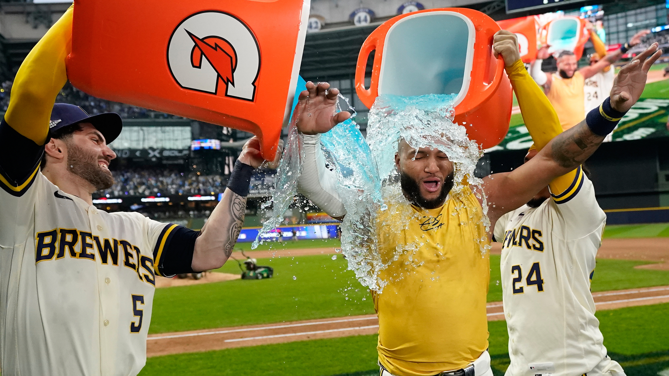 Jackson Chourio is doused by teammates after his walk-off single