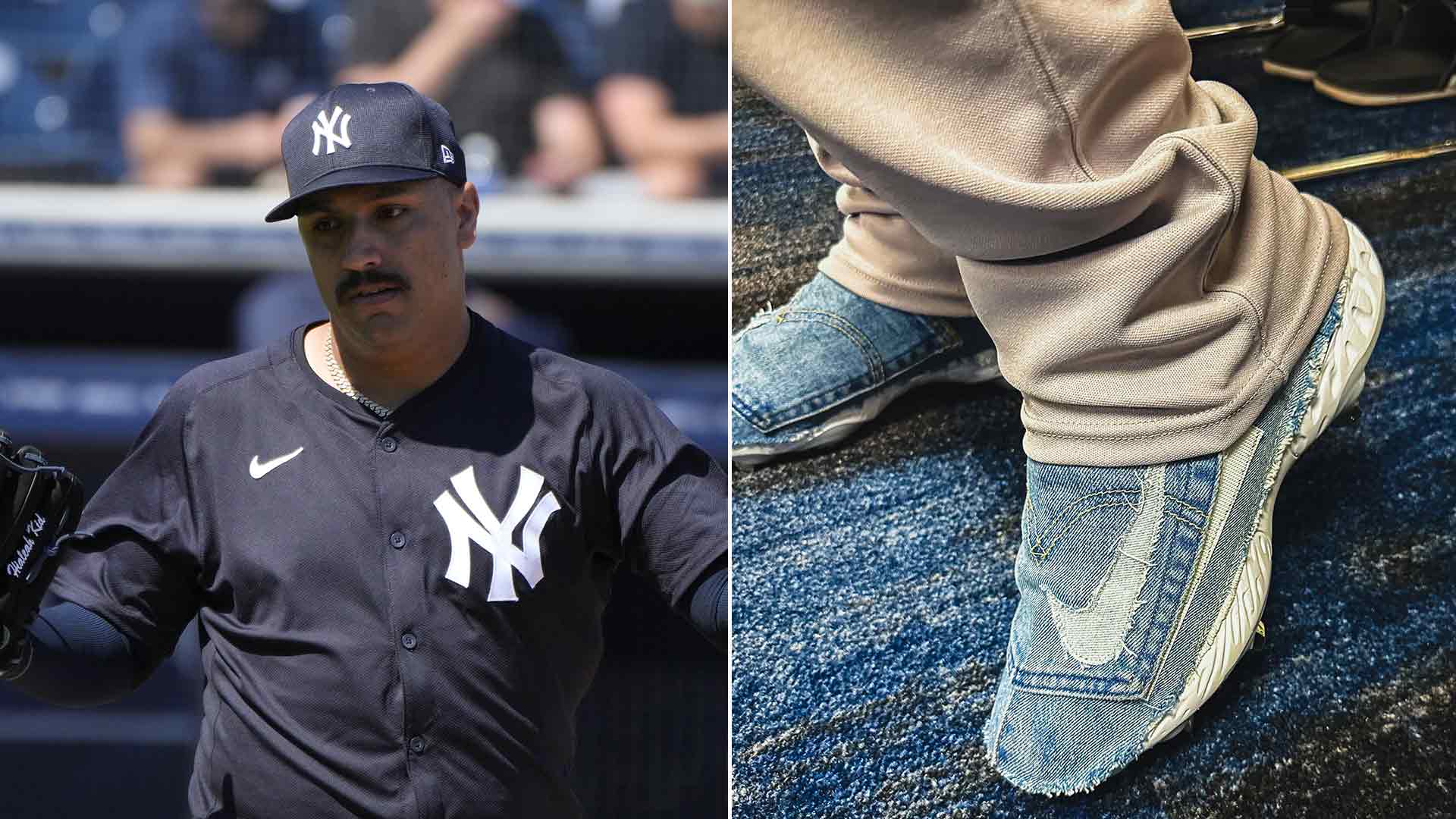 A split photo of Nestor Cortes and his denim cleats