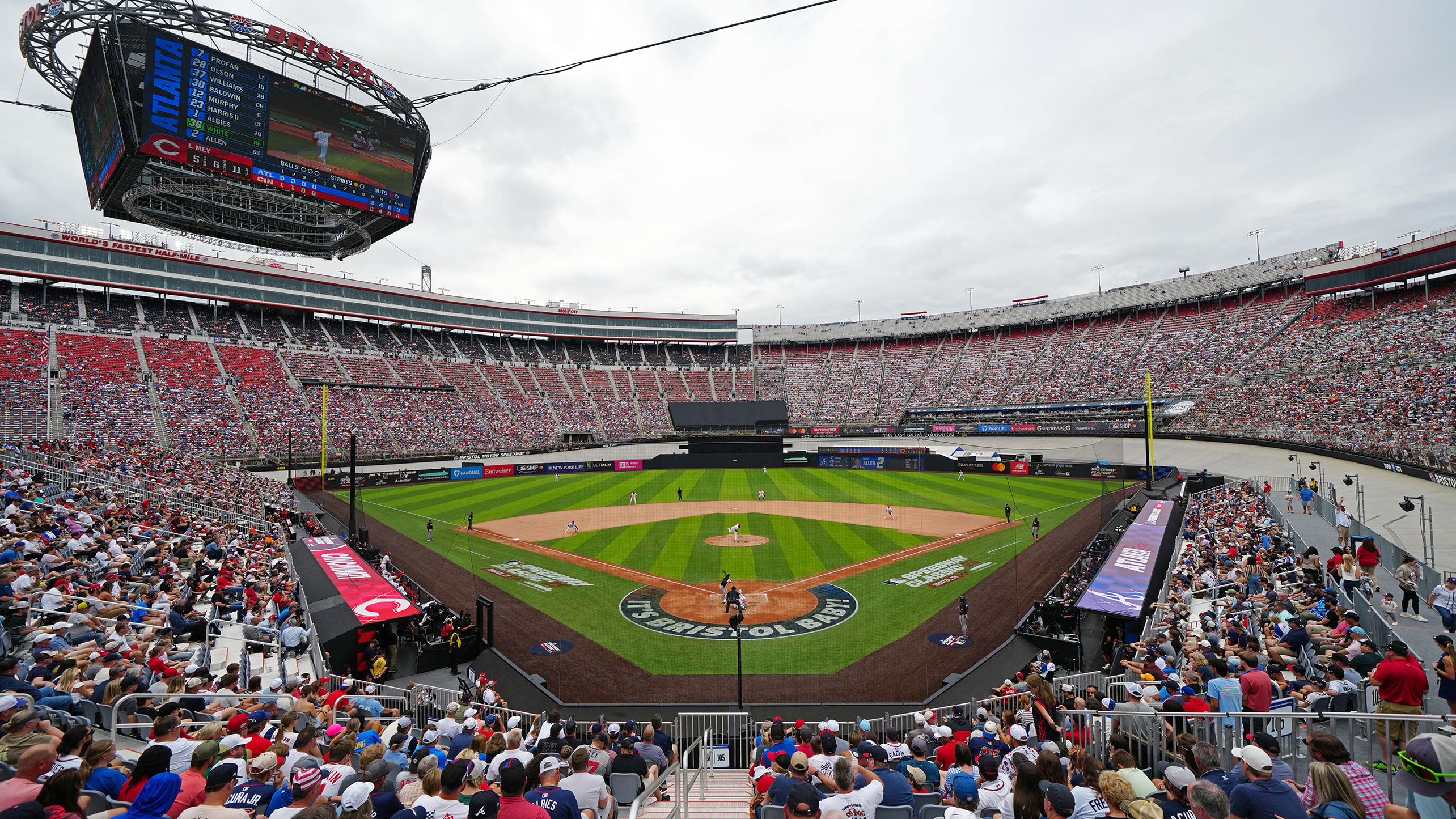 A shot from behind home plate of the Braves and Reds playing at Bristol Motor Speedway