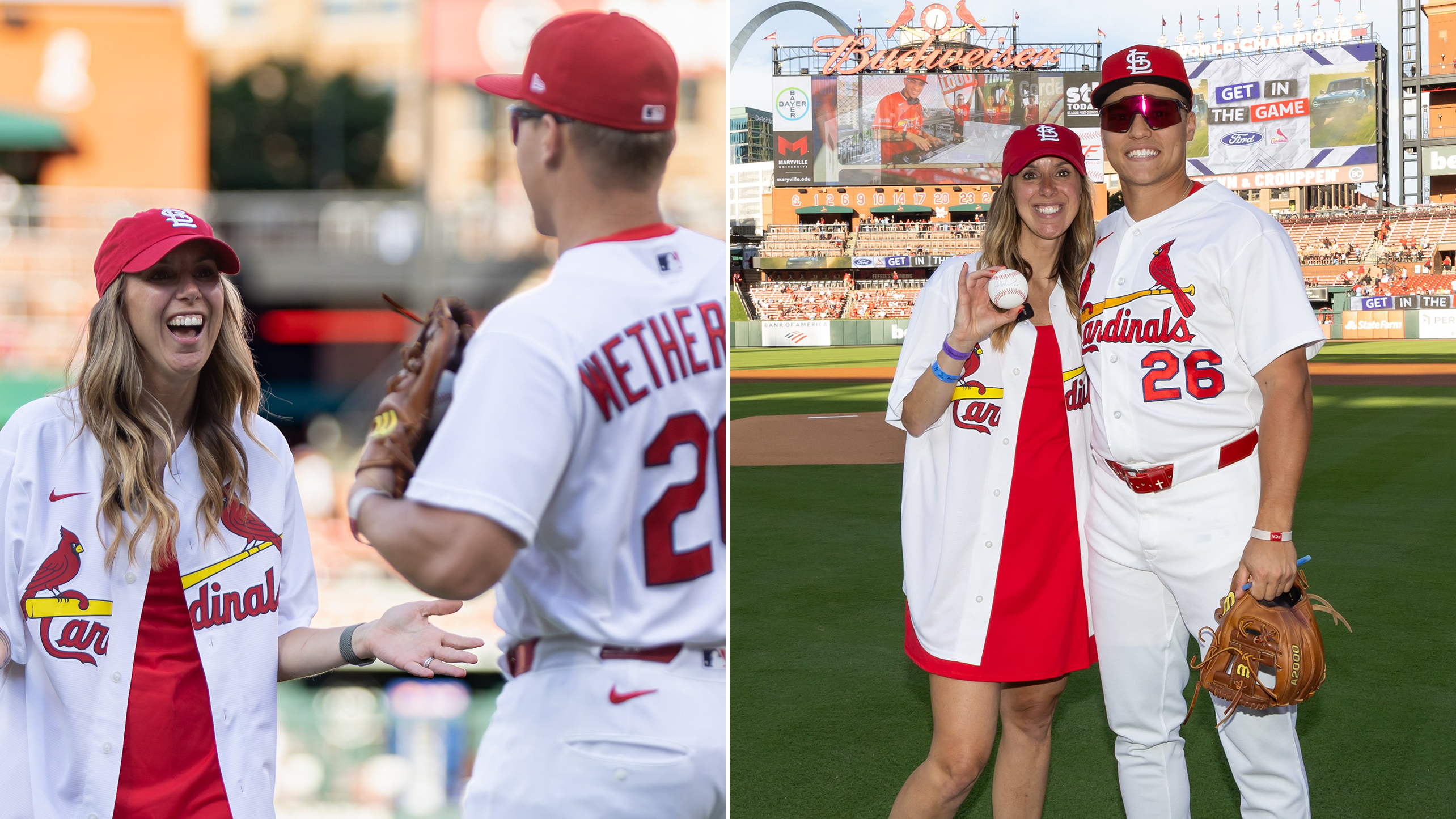 Cardinals rookie JJ Wetherholt and his fifth-grade teacher, Katelyn Ingoldsby, after her first pitch