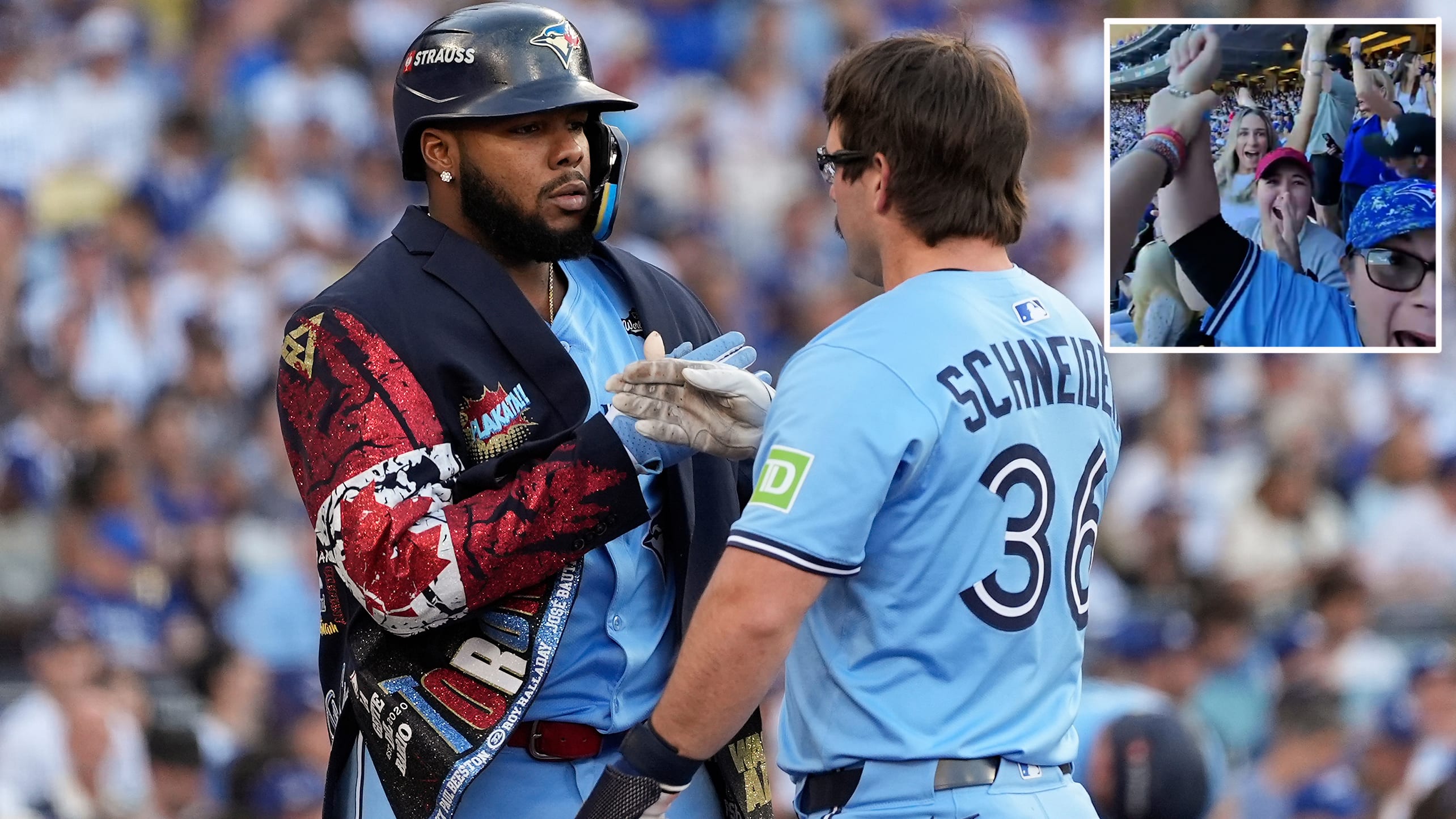 Davis Schneider with Vladimir Guerrero Jr. had his own cheering section for Game 5