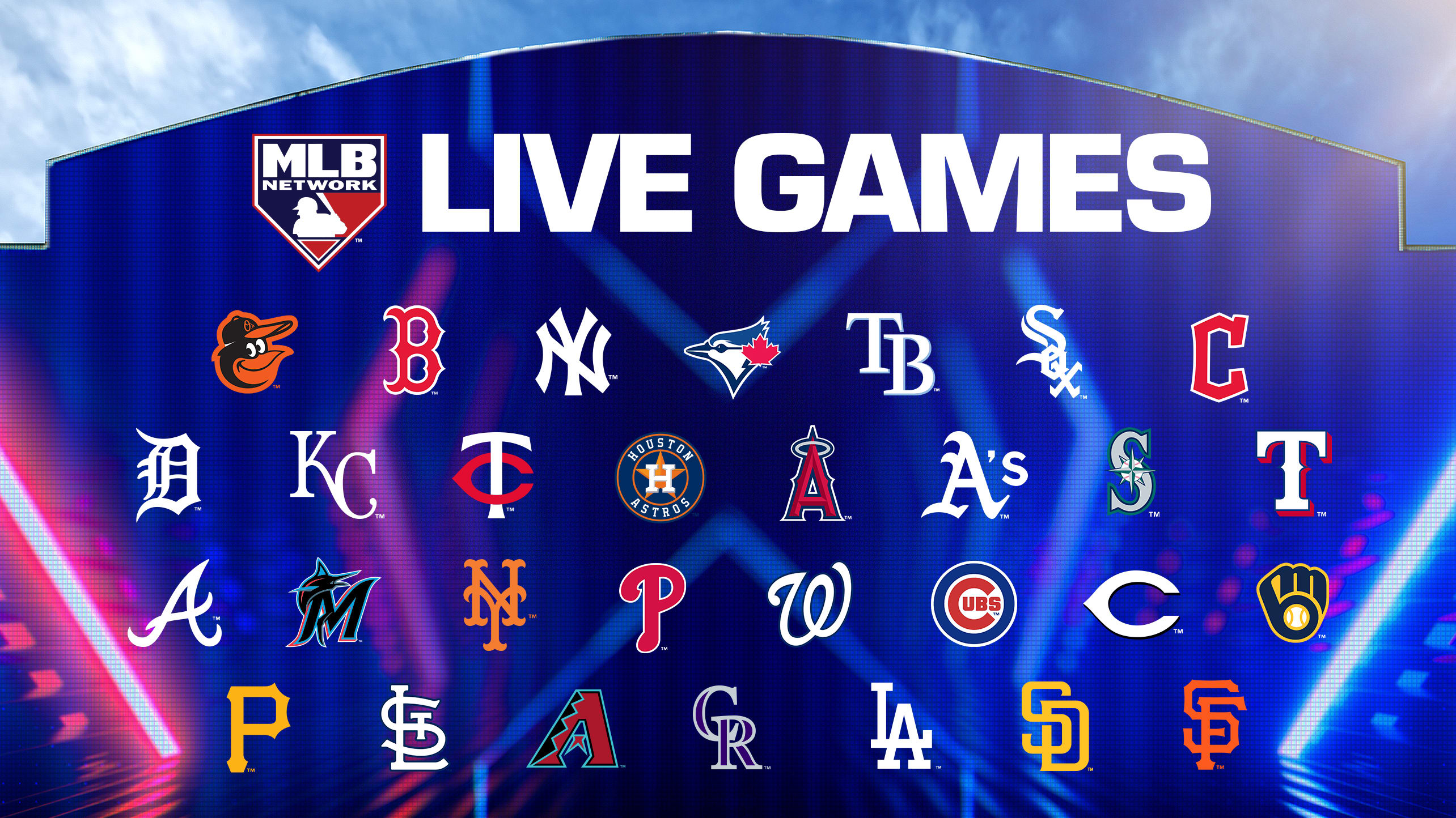 All 30 team logos and the MLB Network logo with the words Live Games
