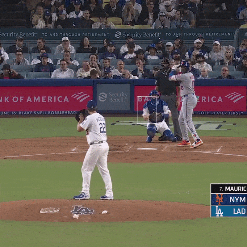 Former Dodger Clayton Kershaw whiffing Ronny Mauricio of the Mets