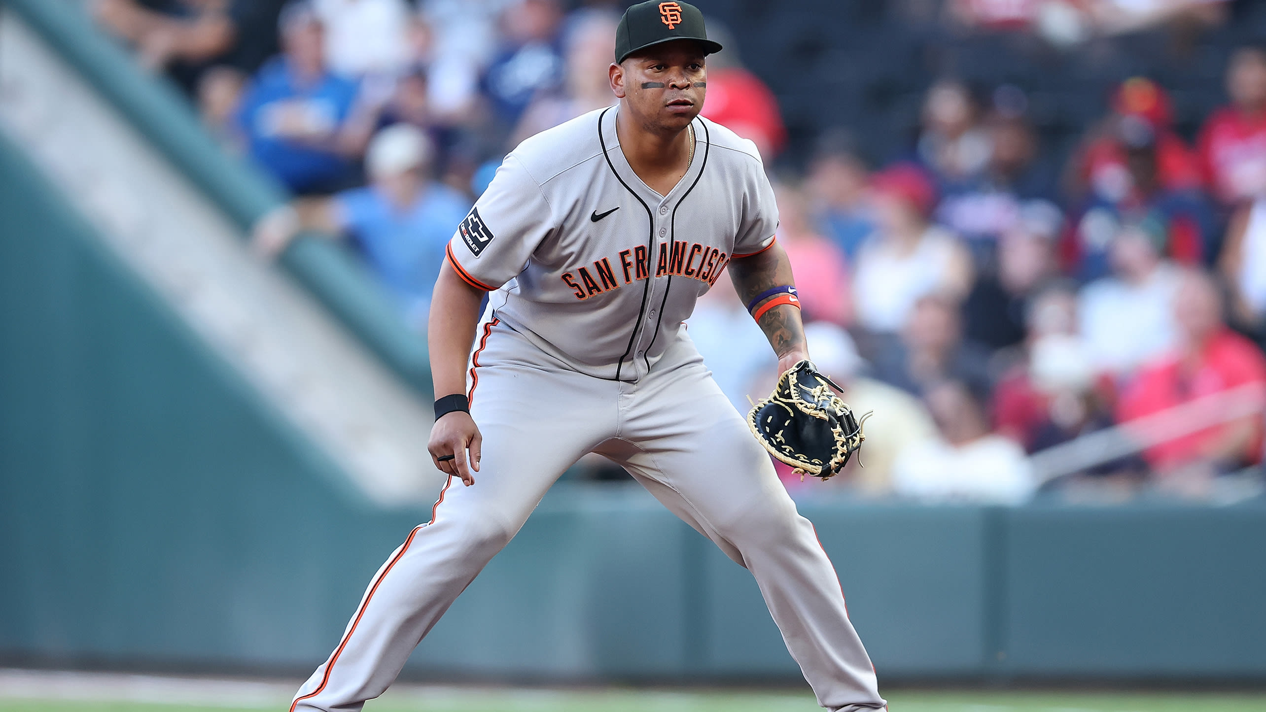 Rafael Devers plays first base for the Giants