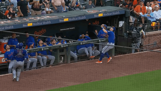 An animated gif of Brett Baty making a catch in foul territory and almost flipping over the dugout railing