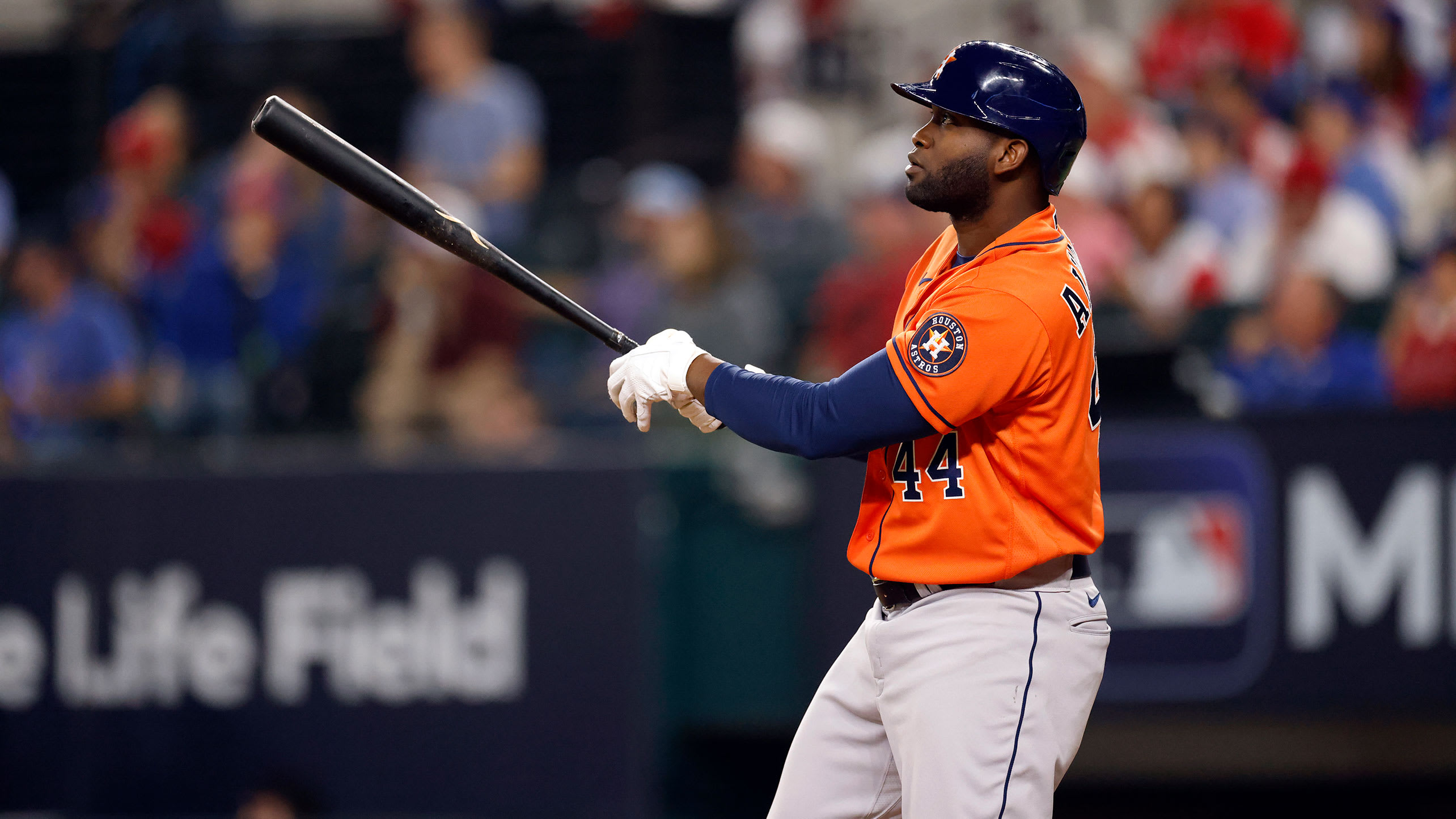 Yordan Alvarez watches a long drive