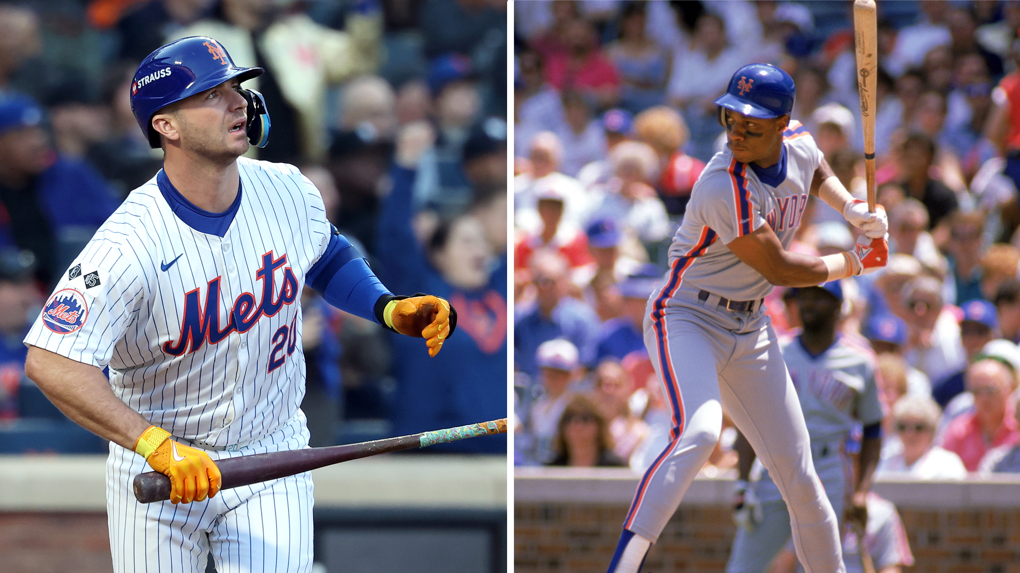 A split photo of Pete Alonso and Darryl Strawberry