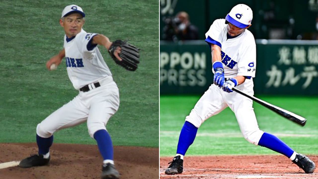 A split photo of Ichiro Suzuki pitching and hitting