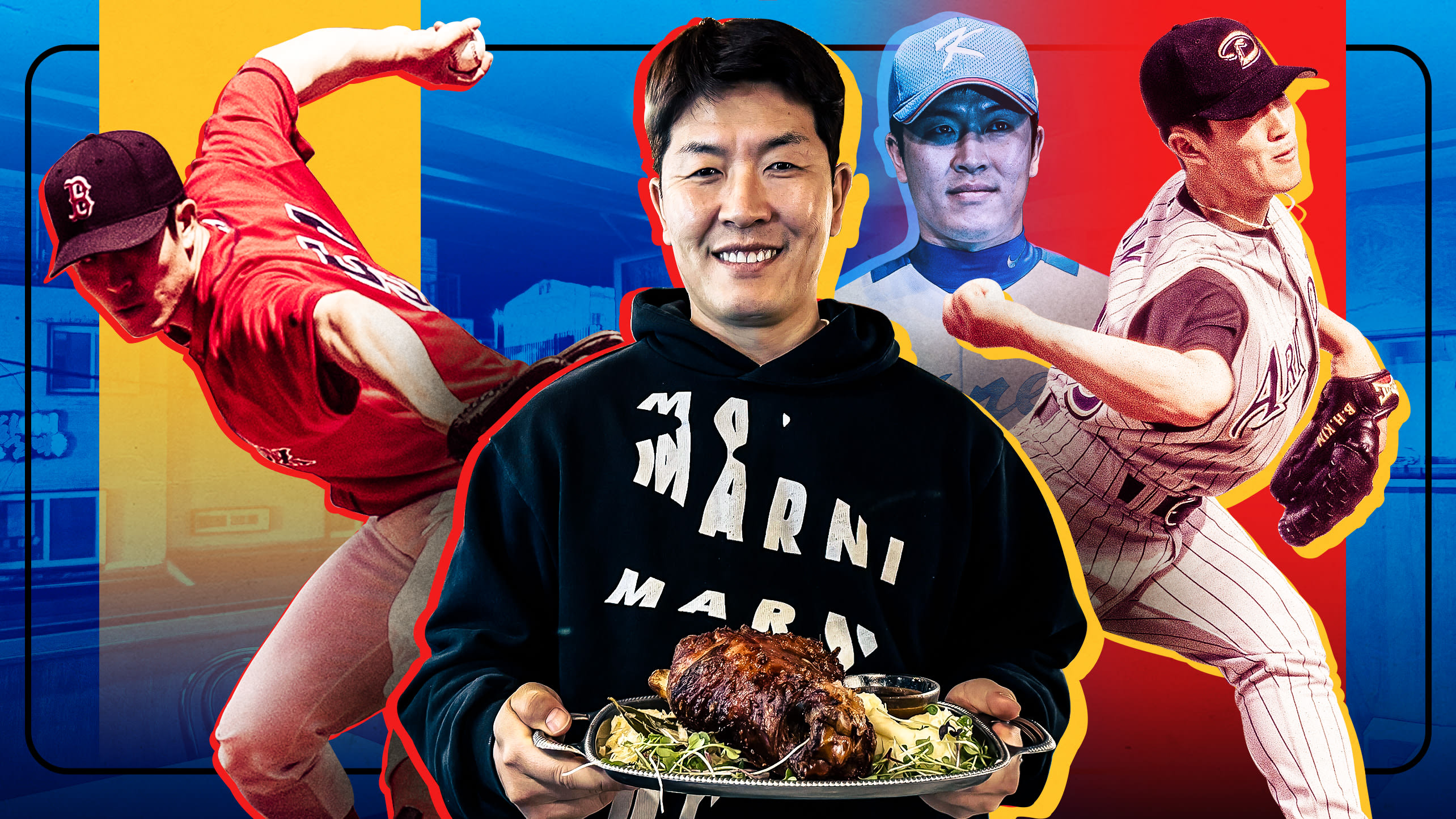 Designed image of Byung-hyun Kim holding a plate of German food