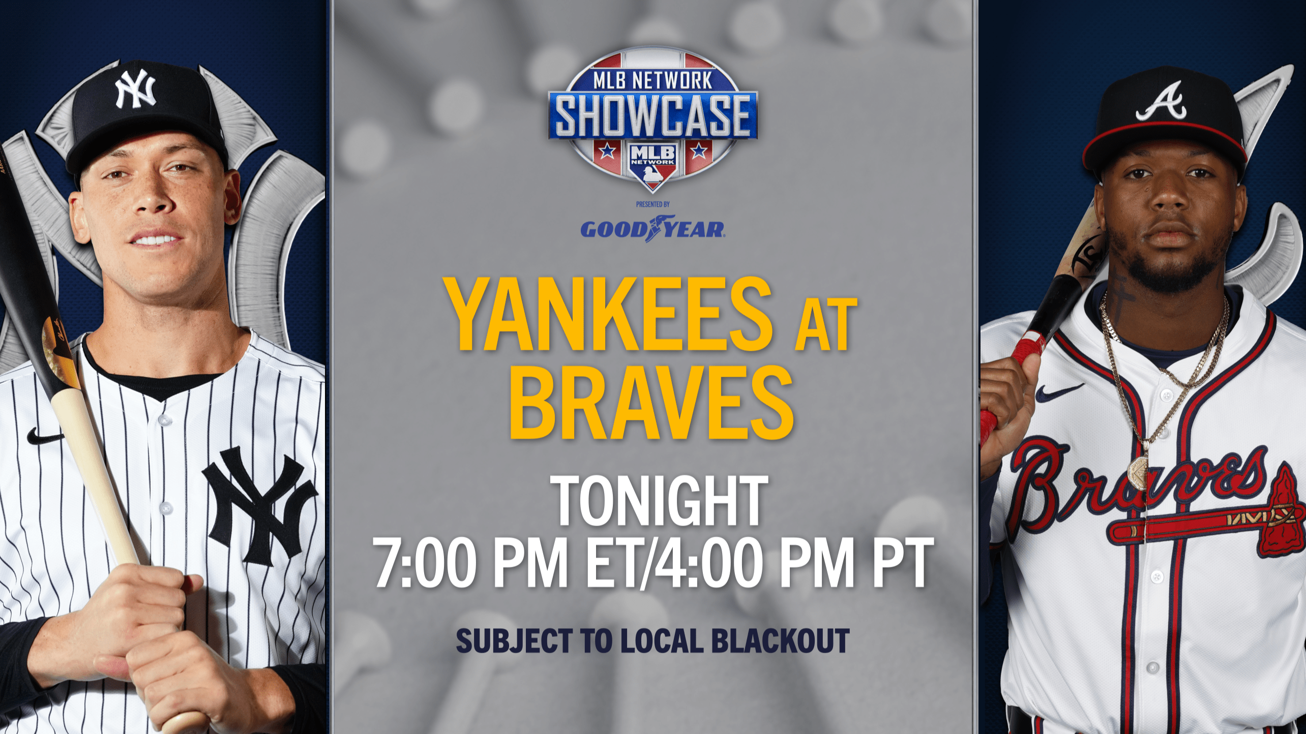 Images of Aaron Judge and Ronald Acuña Jr. with text about the MLB Network Showcase game between the Yankees and Braves