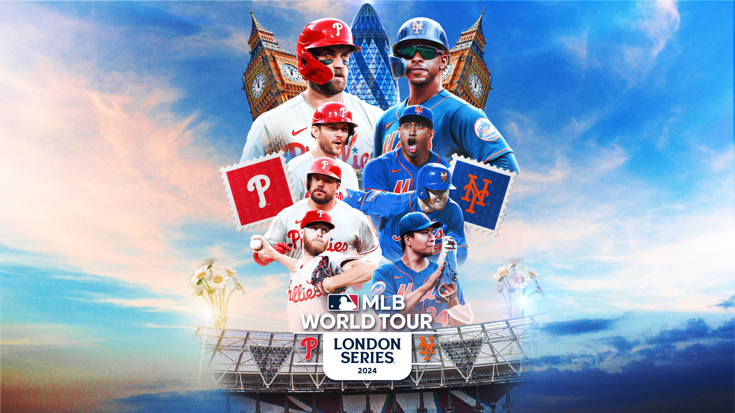 A photo illustration shows four Phillies players and four Mets players above the London Series logo