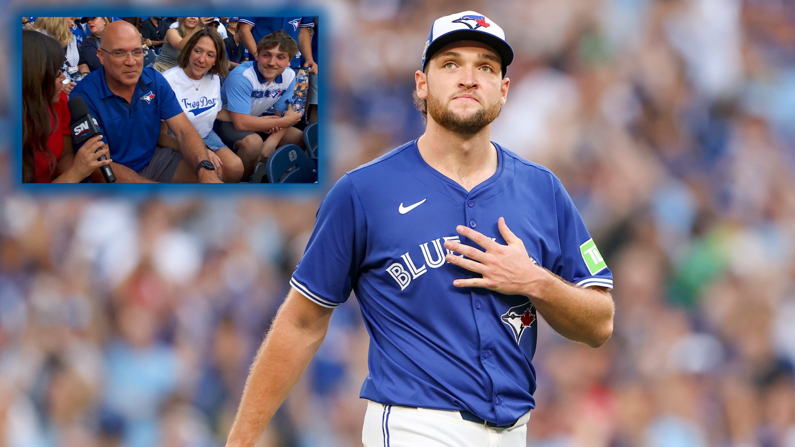 Trey Yesavage walks off the mound, with an inset photo of his family being interviewed