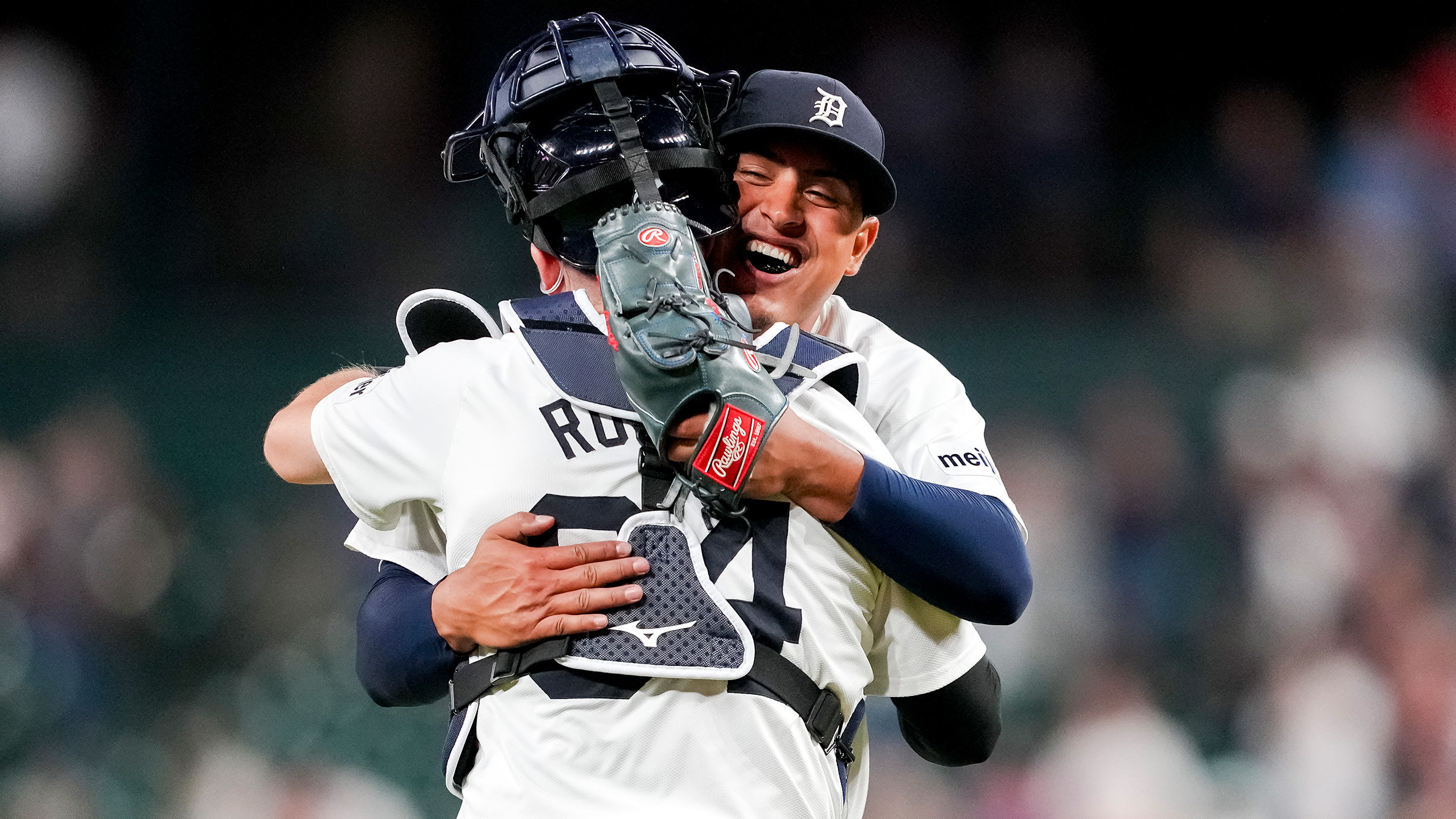 Tigers rookie starter Keider Montero hugs catcher Jake Rogers after his shutout