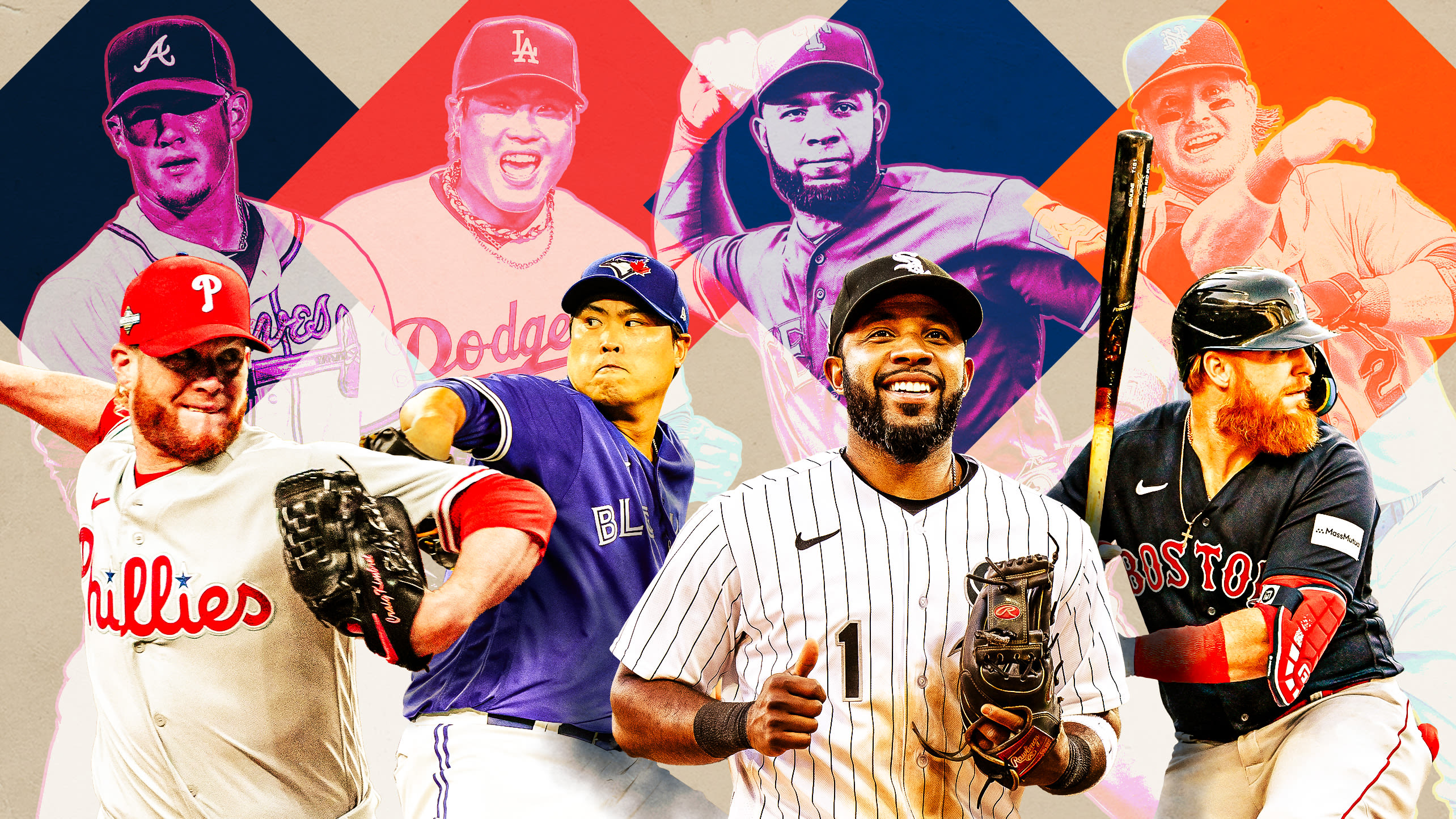 Craig Kimbrel, Hyun Jin Ryu, Elvis Andrus and Justin Turner are each pictured with their most recent team and another former team