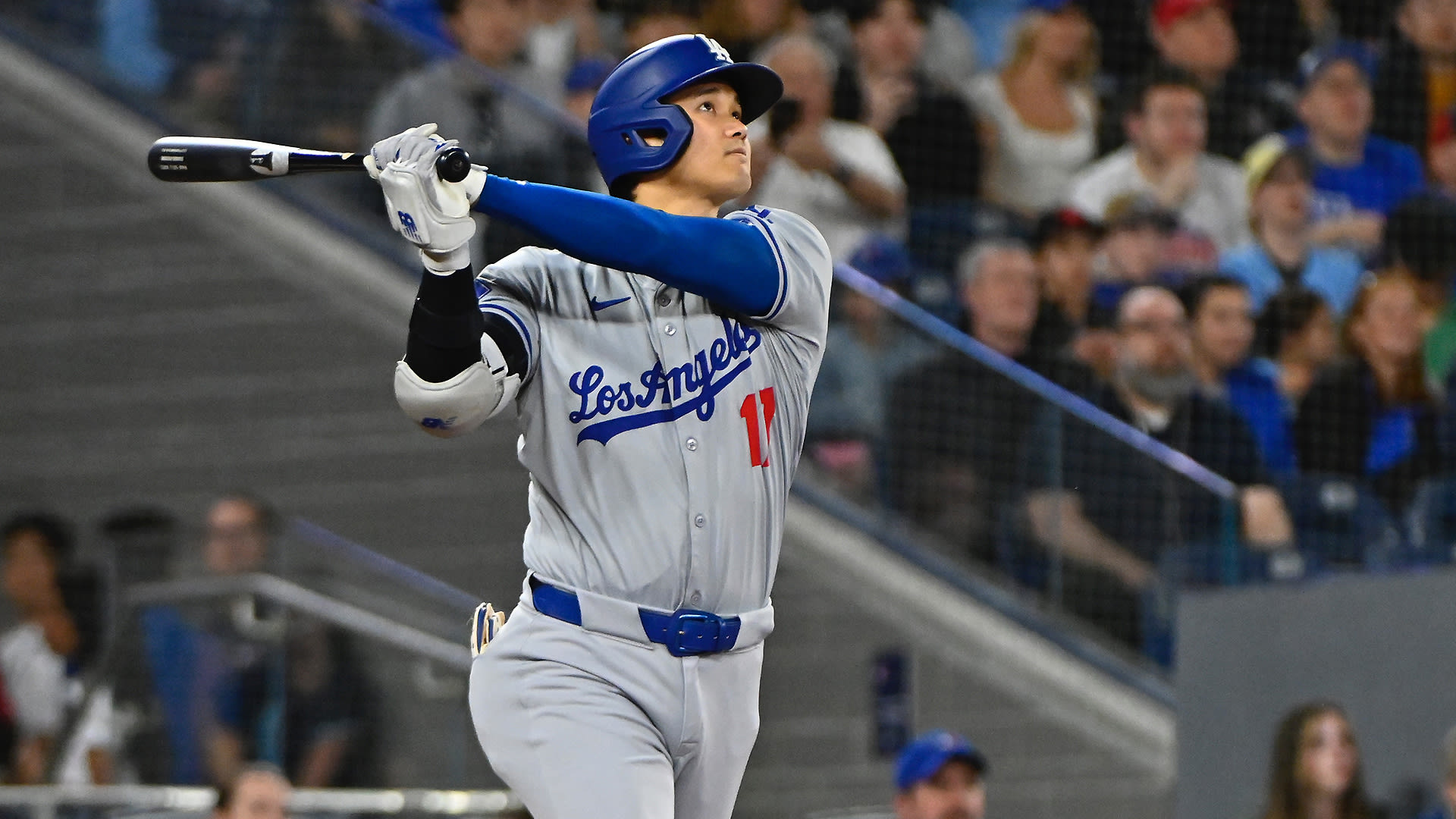 Shohei Ohtani follows through on a swing