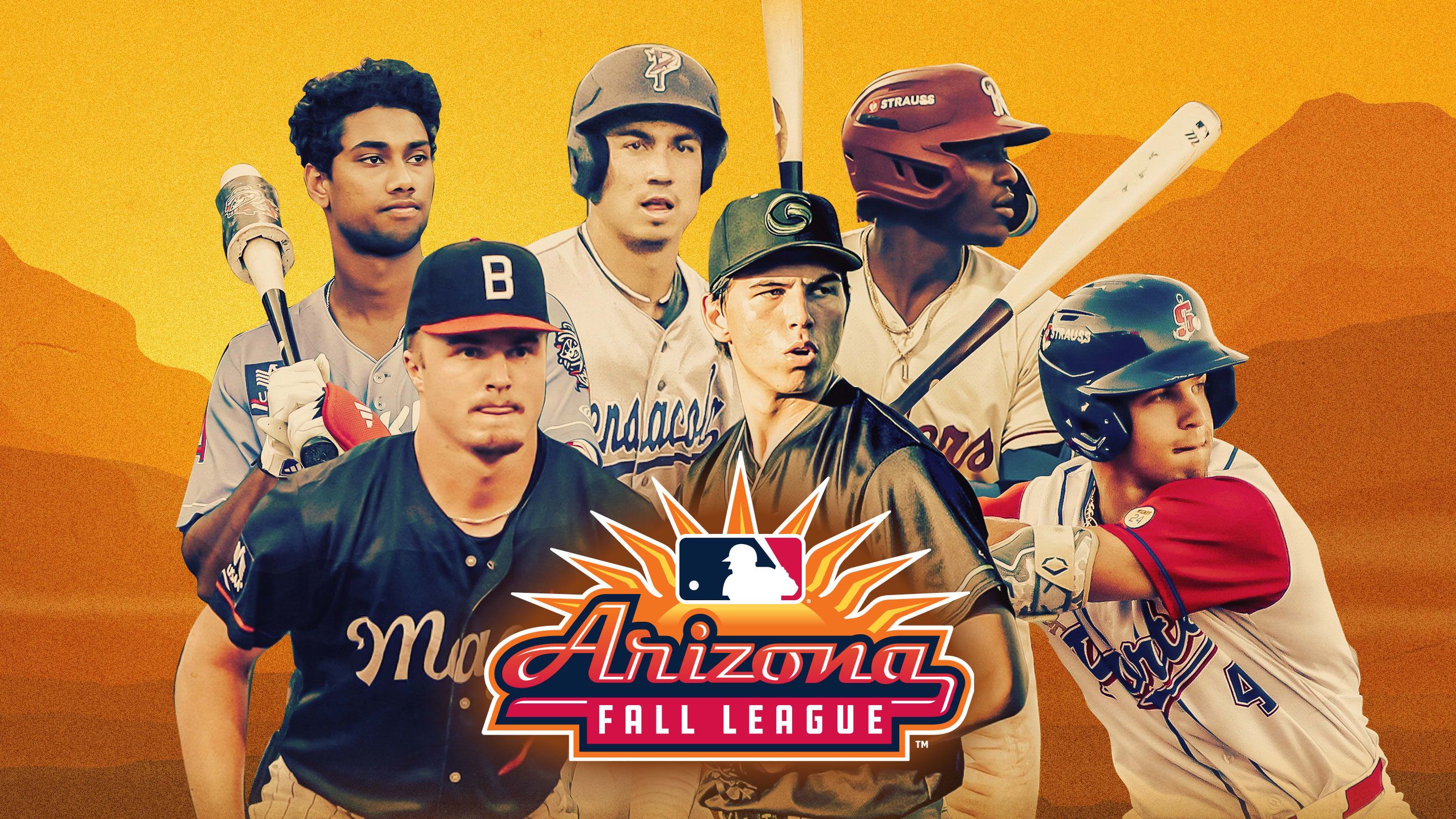 A graphic with 6 top prospects behind the Arizona Fall League logo