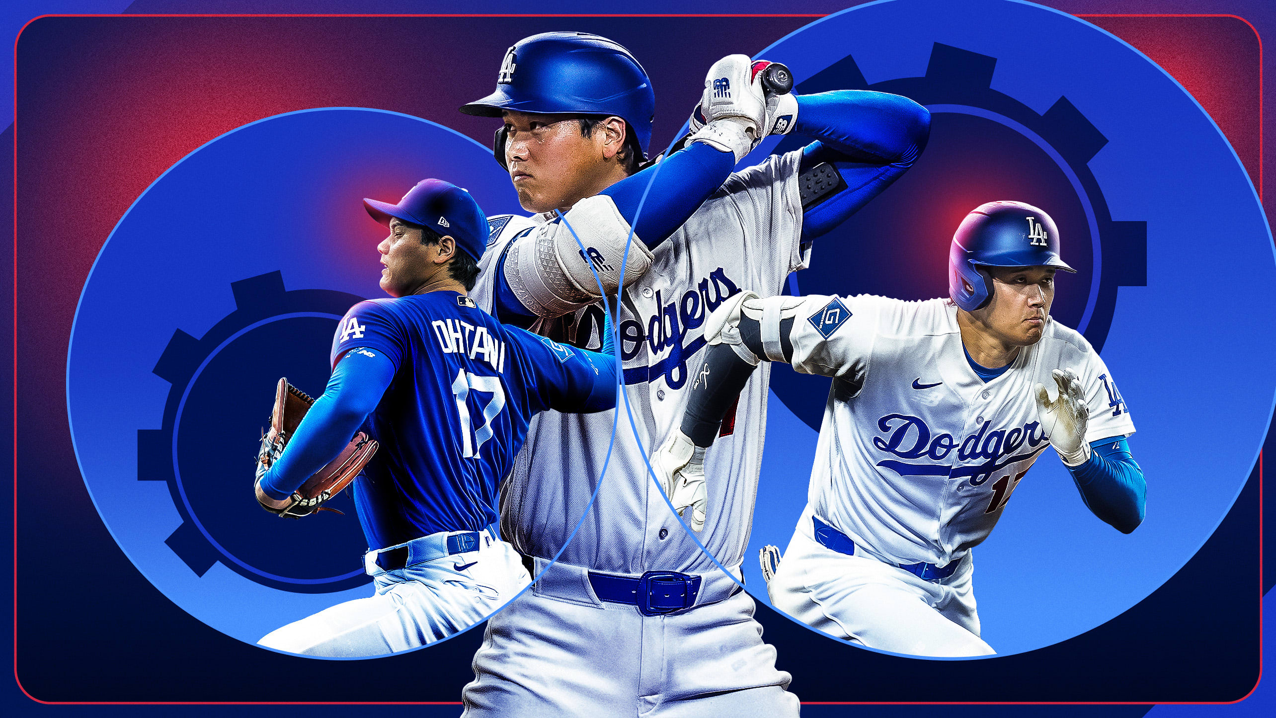 Images of Shohei Ohtani pitching, hitting and running