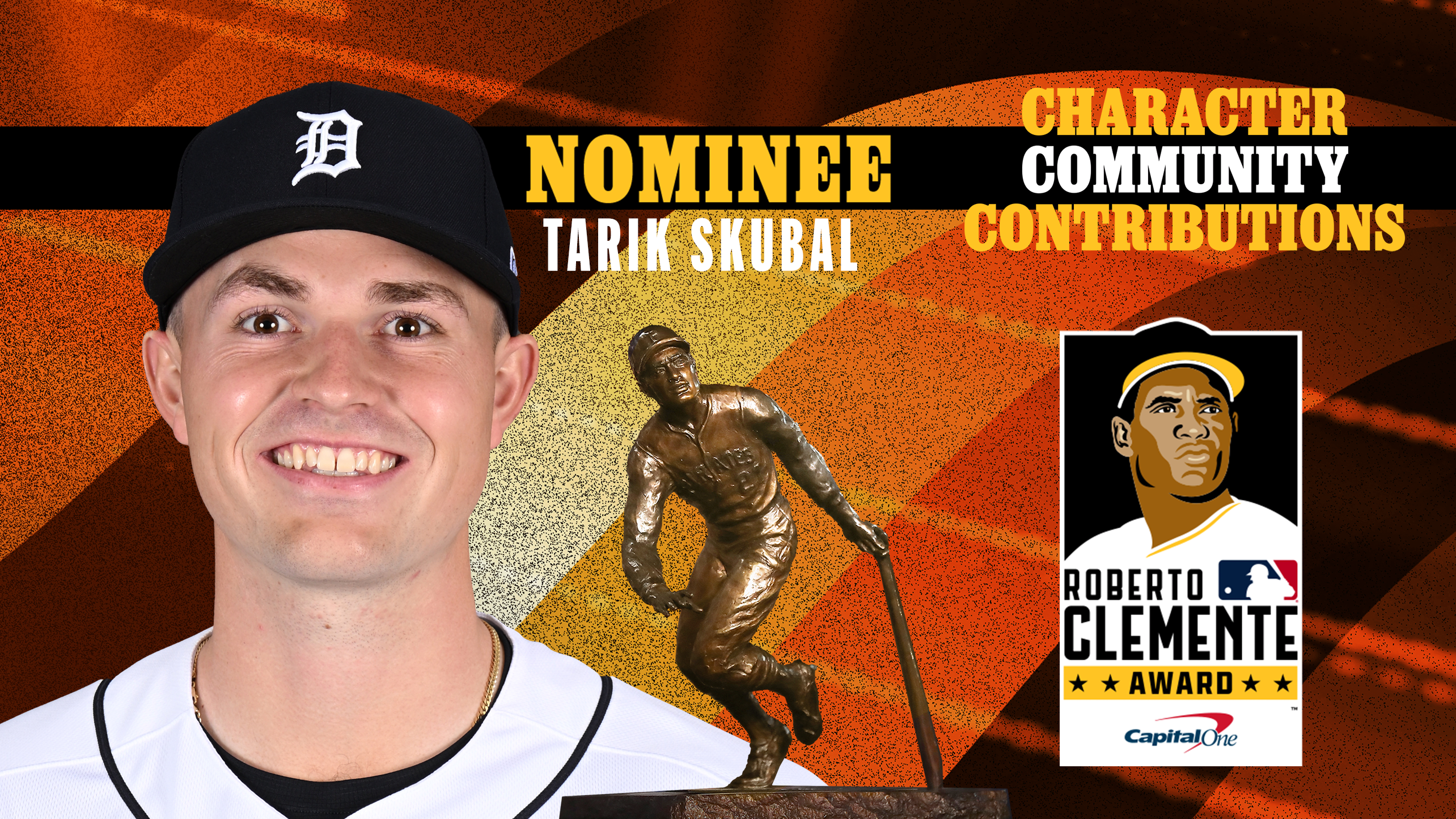 Photos of Tarik Skubal and the Roberto Clemente Award trophy and the award logo