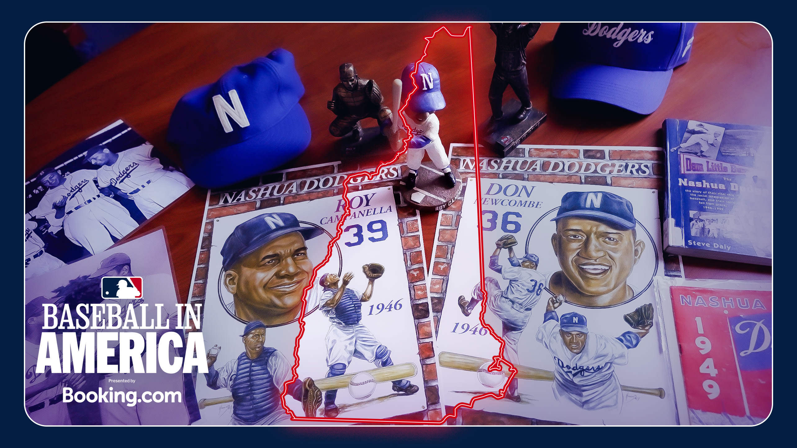 Images of Roy Campanella and Don Newcombe overlaid with an outline of New Hampshire