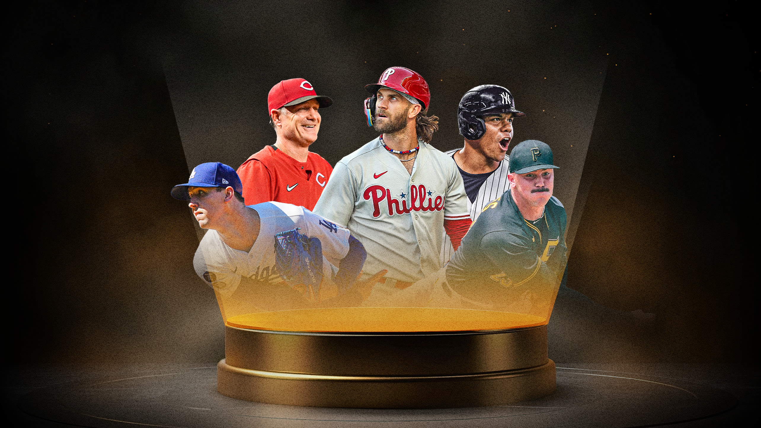 Walker Buehler, David Bell, Bryce Harper, Juan Soto and Paul Skenes