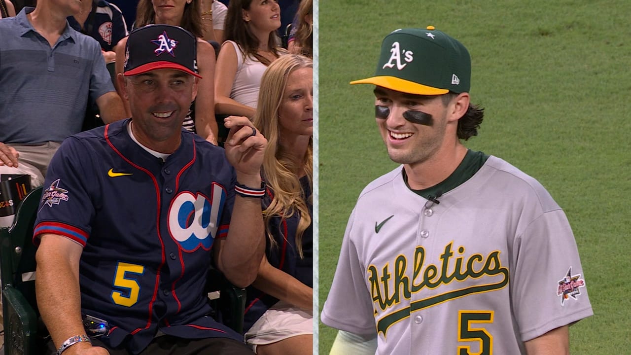 A split-screen image of Jack Wilson in the stands and his son Jacob Wilson on the field